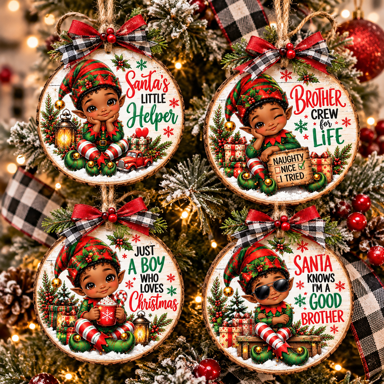 Rustic Elf Ornaments on a Christmas Tree.png