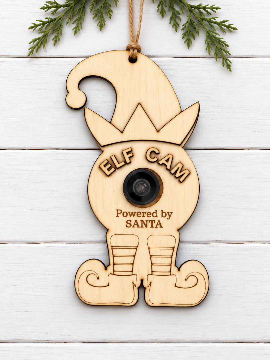 Wooden Elf Cam Ornament on Shiplap.png