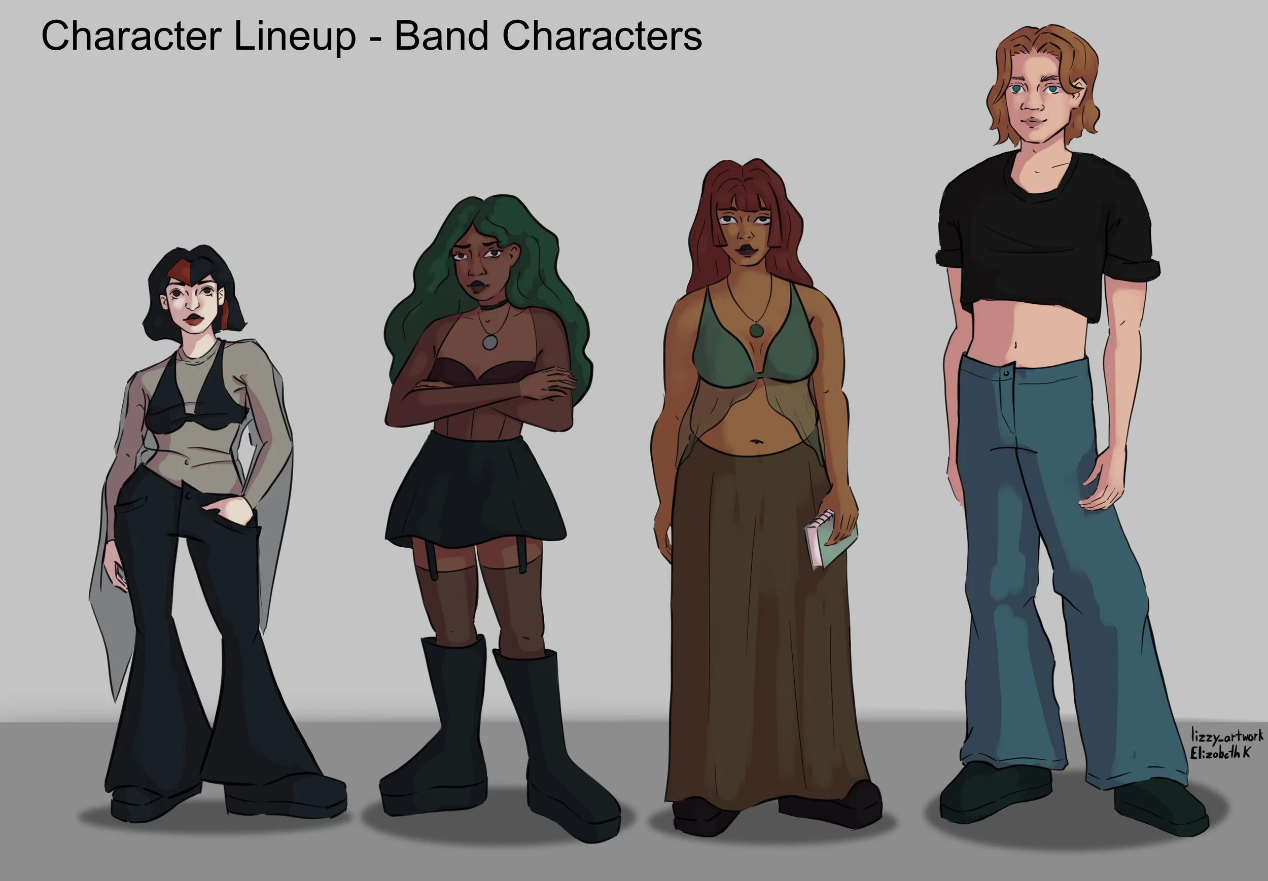 Band Characters: Four band member characters standing in a row. 