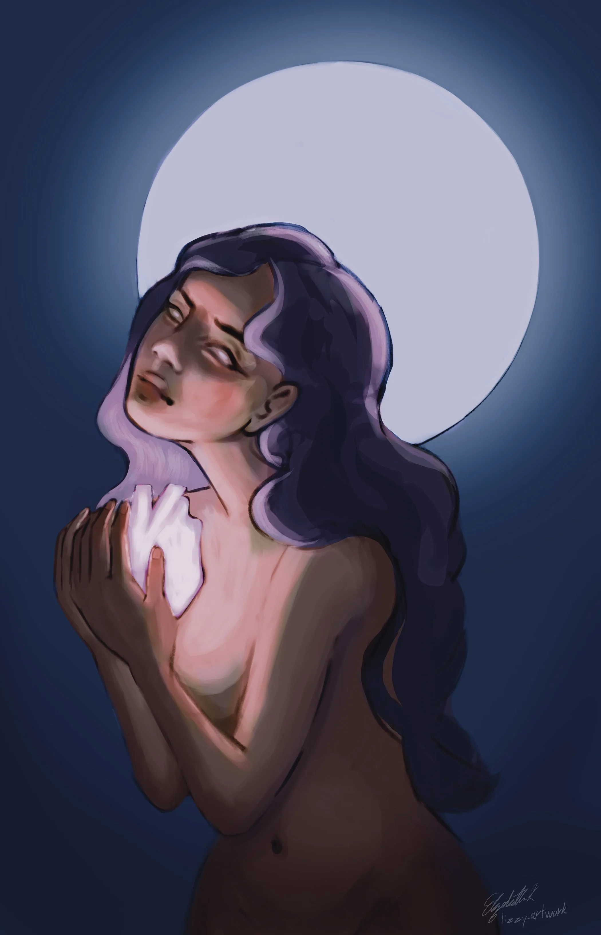 Everything: Woman clutching a glowing heart while looking up and into the distance. 