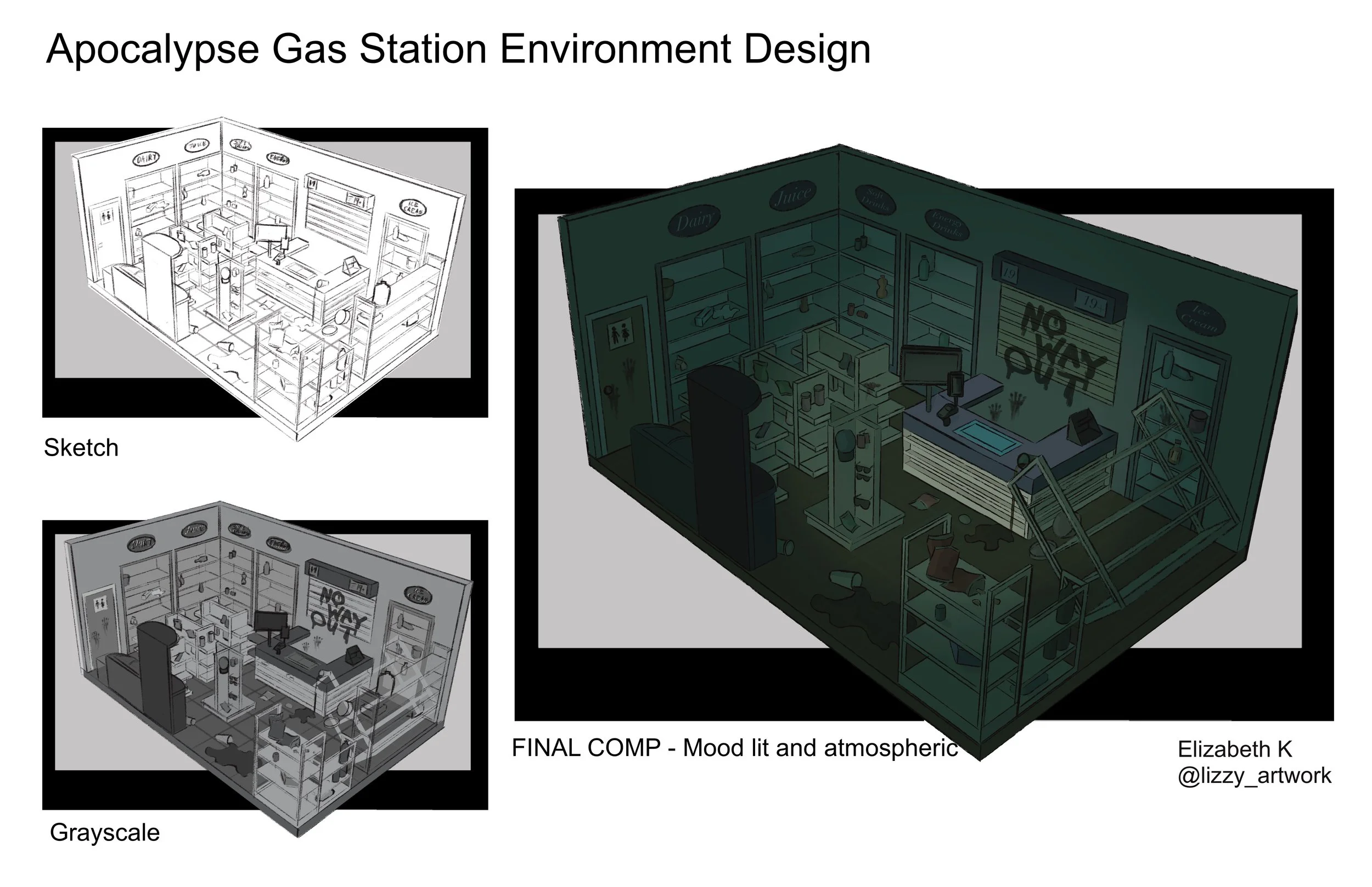 Interior Design - Abandoned gas station interior during apocalypse. Wall reads "NO WAY OUT".