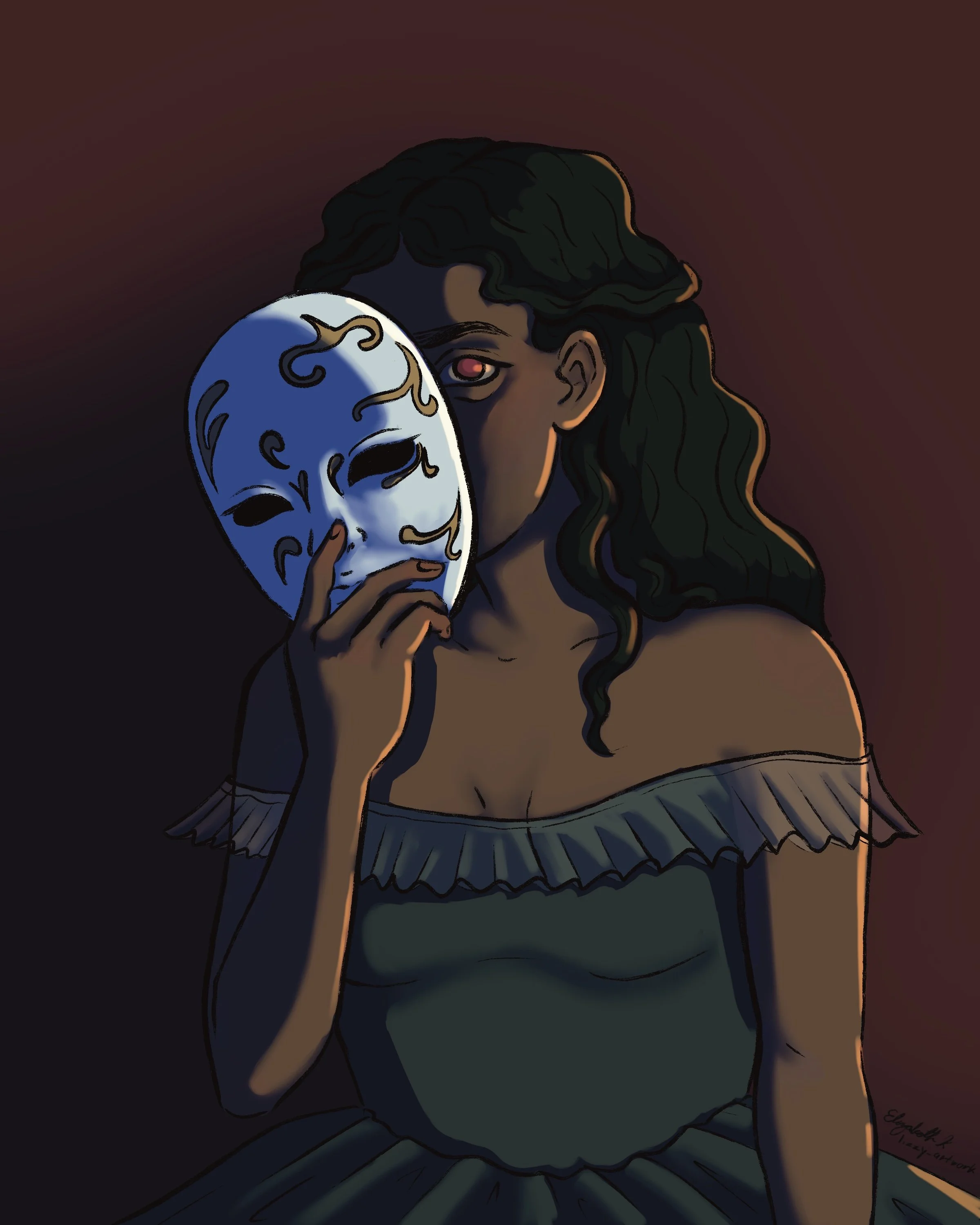 Masquerade: Woman holding a mask with gold embellishments in front of half of her face. Her eye is locked on the viewer and is glowing red.