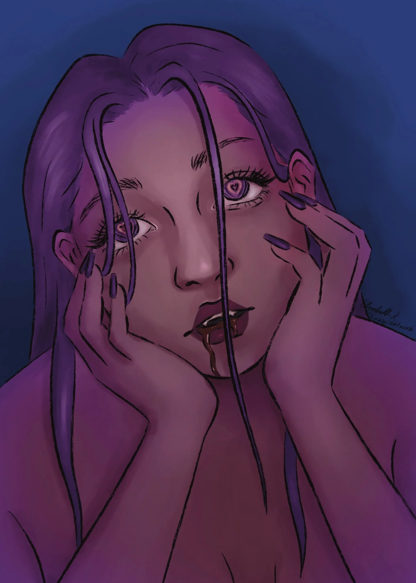 Heart eyes: Woman resting face on hands looking up with heart shaped eyes.