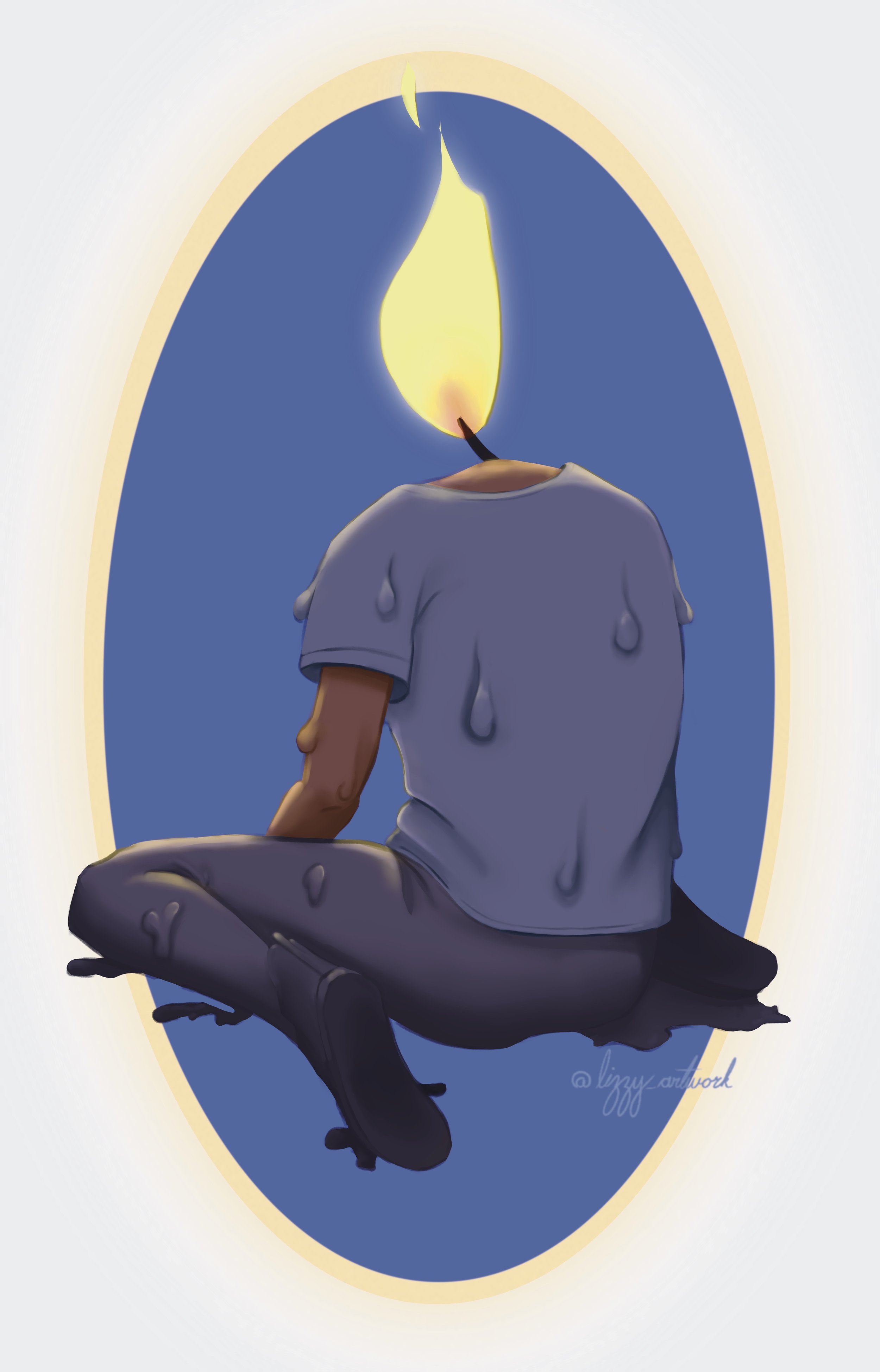 Burning: Person facing away from the viewer with a candle flame head.