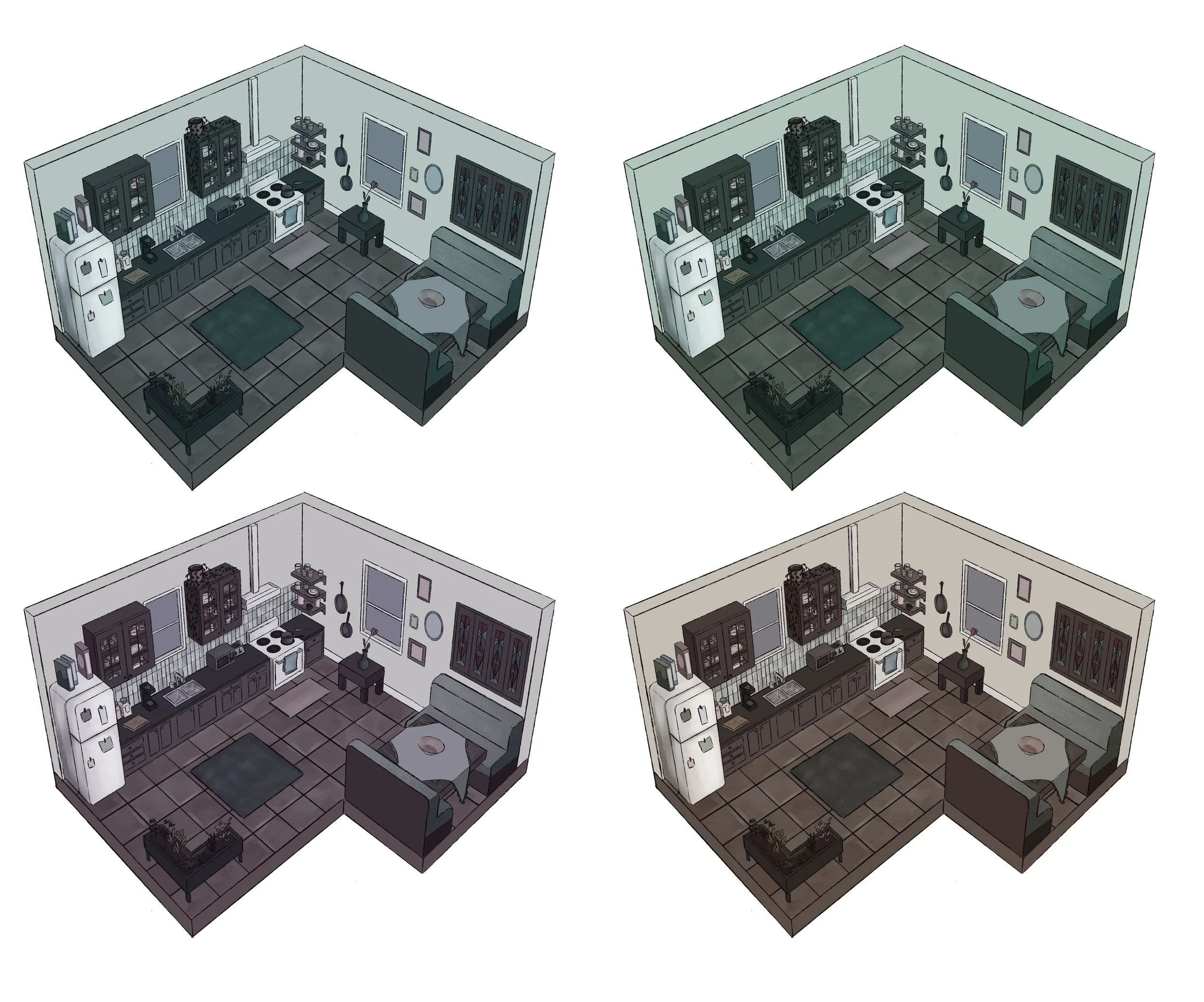 Four colour concepts of a kitchen interior.