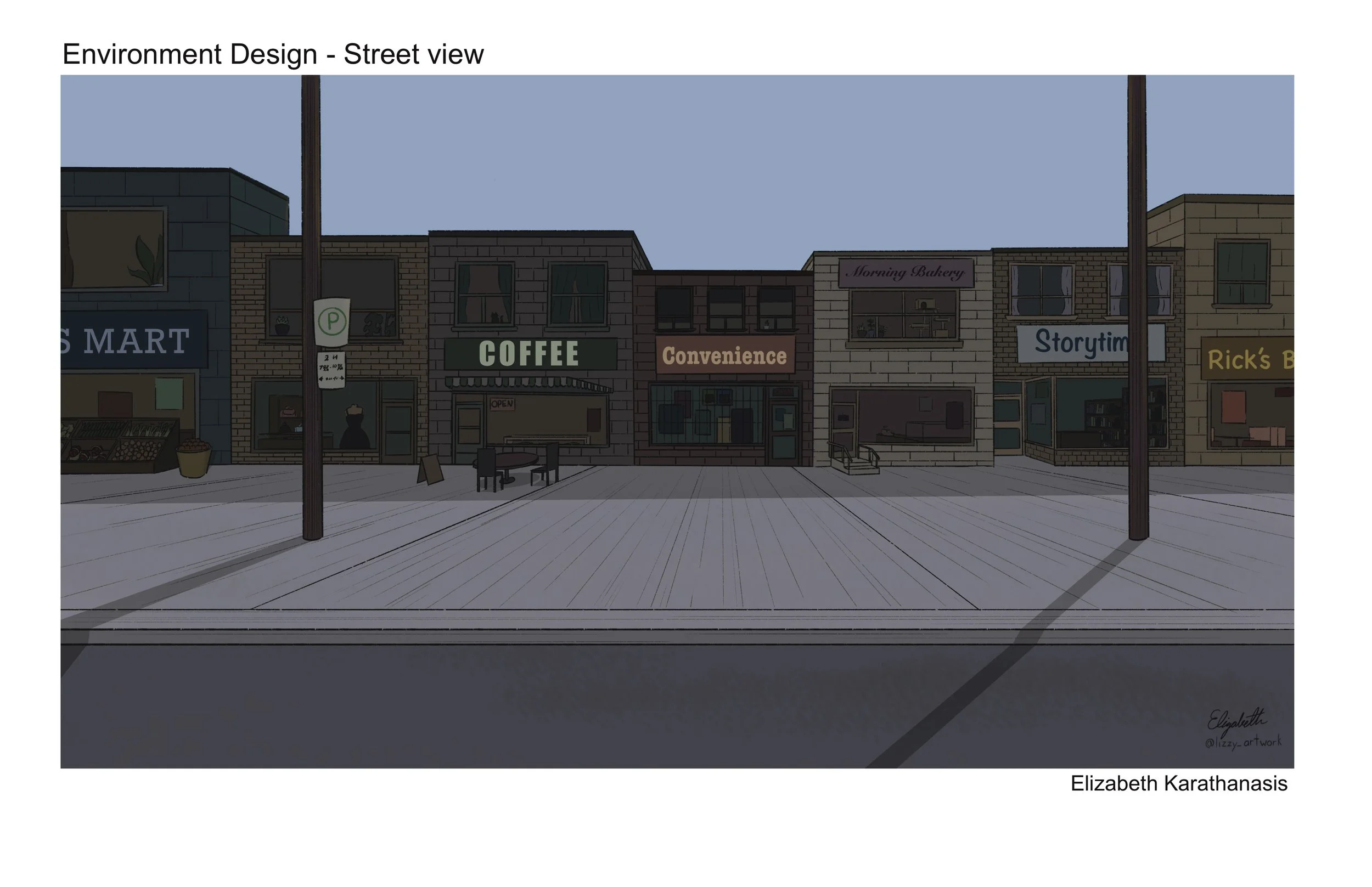 Exterior design - Strip mall with clothing stores, a bookstore, a grocery store, bookstore, and coffeeshop. 