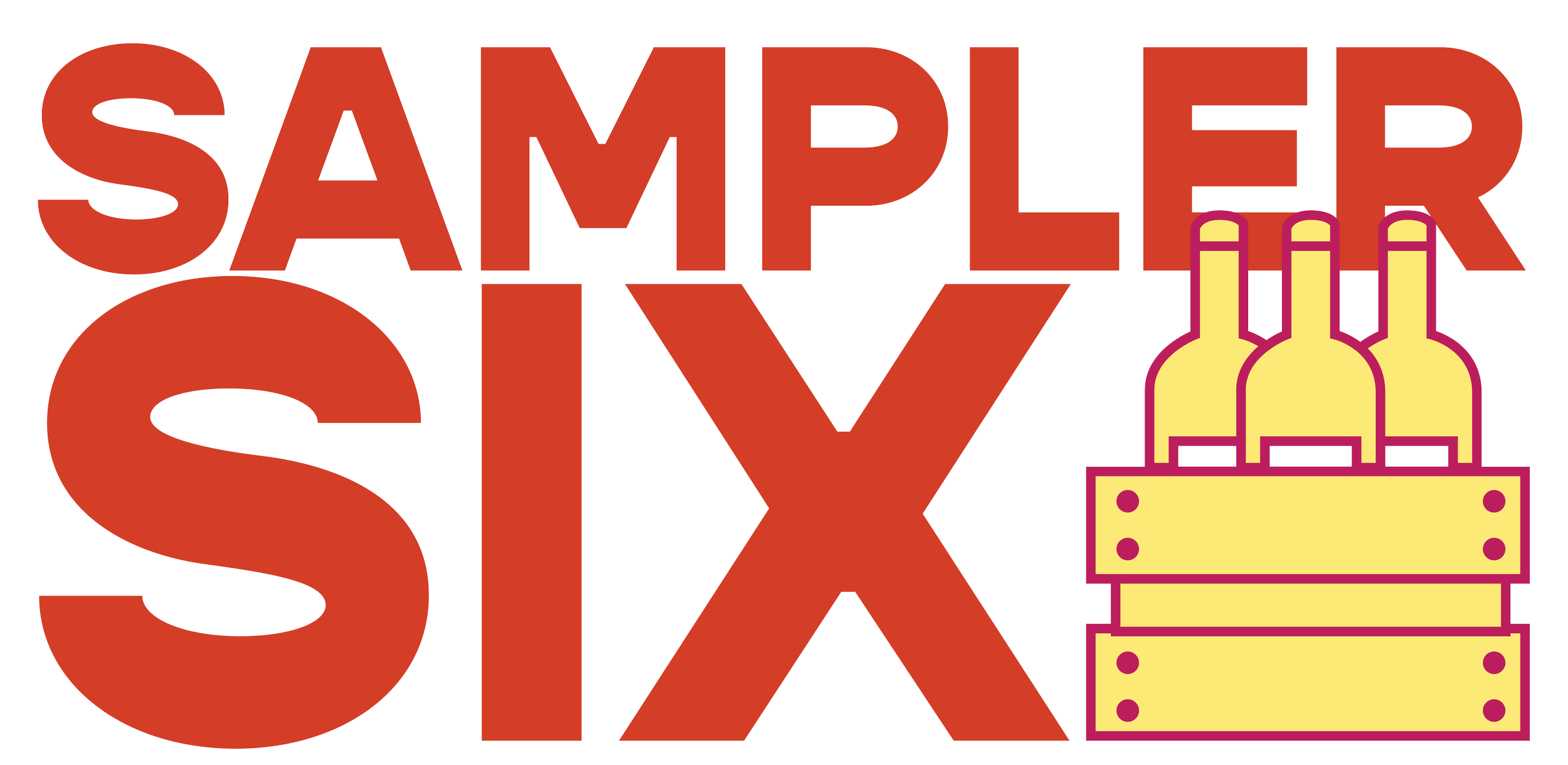 Graphic for Ginny’s Sampler Six Packs showing the words ‘Sampler Six’ in bold red letters alongside a yellow illustrated crate holding six wine bottles, symbolising curated mixed six-packs of NZ wine.