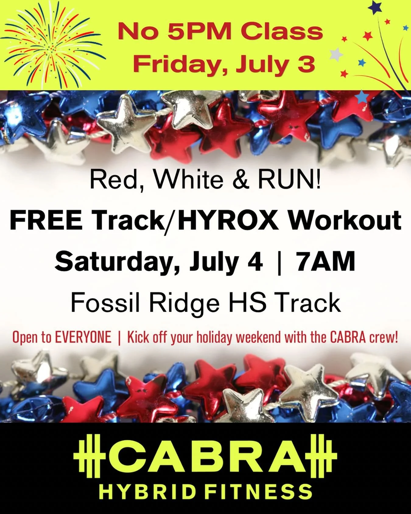 🇺🇸❤️💙 Red, White &amp; RUN! 💙❤️🇺🇸

Holiday schedule reminder:
&bull; No 5PM class on Friday, July 3
&bull; FREE Track/HYROX workout Saturday, July 4 at 7AM
&bull; Fossil Ridge High School Track

This workout is open to everyone, so grab a frien