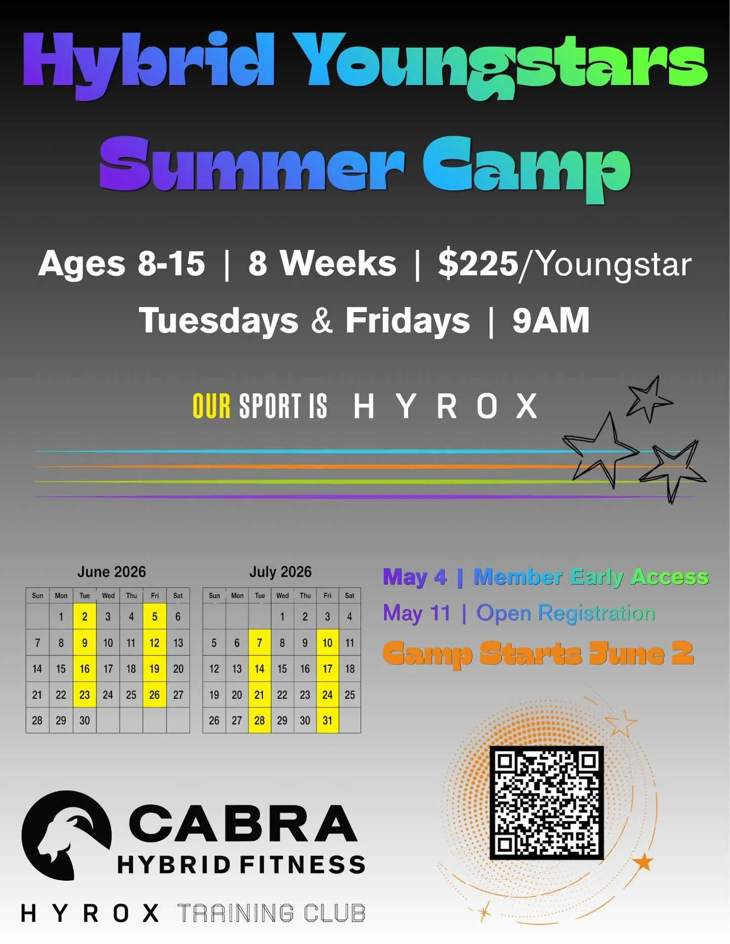 Hybrid Youngstars Summer Camp is officially here!
🌟🌟🌟🌟🌟🌟🌟🌟🌟🌟🌟🌟🌟🌟🌟🌟
An 8-week program designed for ages 8&ndash;15 to build:
🏃&zwj;♂️ Endurance
🏋️ Strength
🤝 Confidence
🔥 Work ethic
💥 Teamwork

Inspired by the sport of HYROX, thes