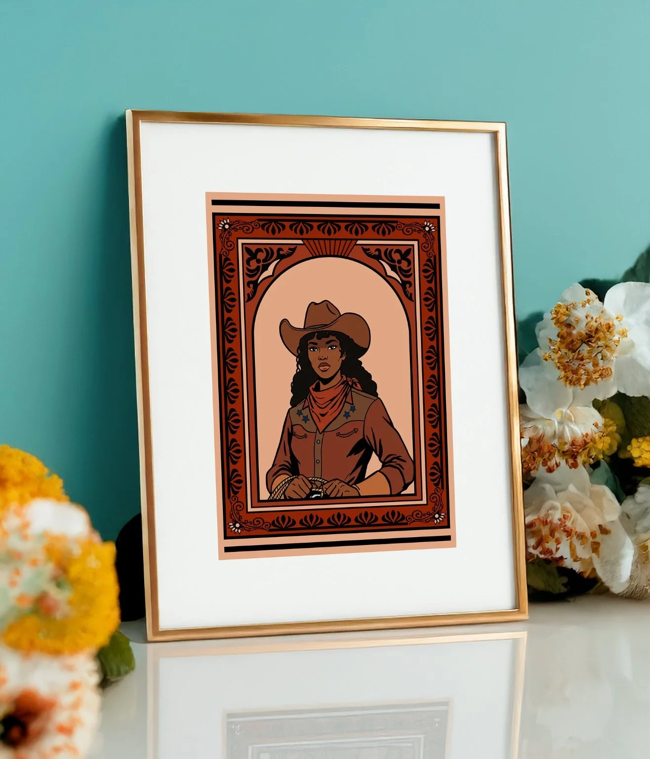 Framed cowgirl art print in gold tabletop frame with white mat