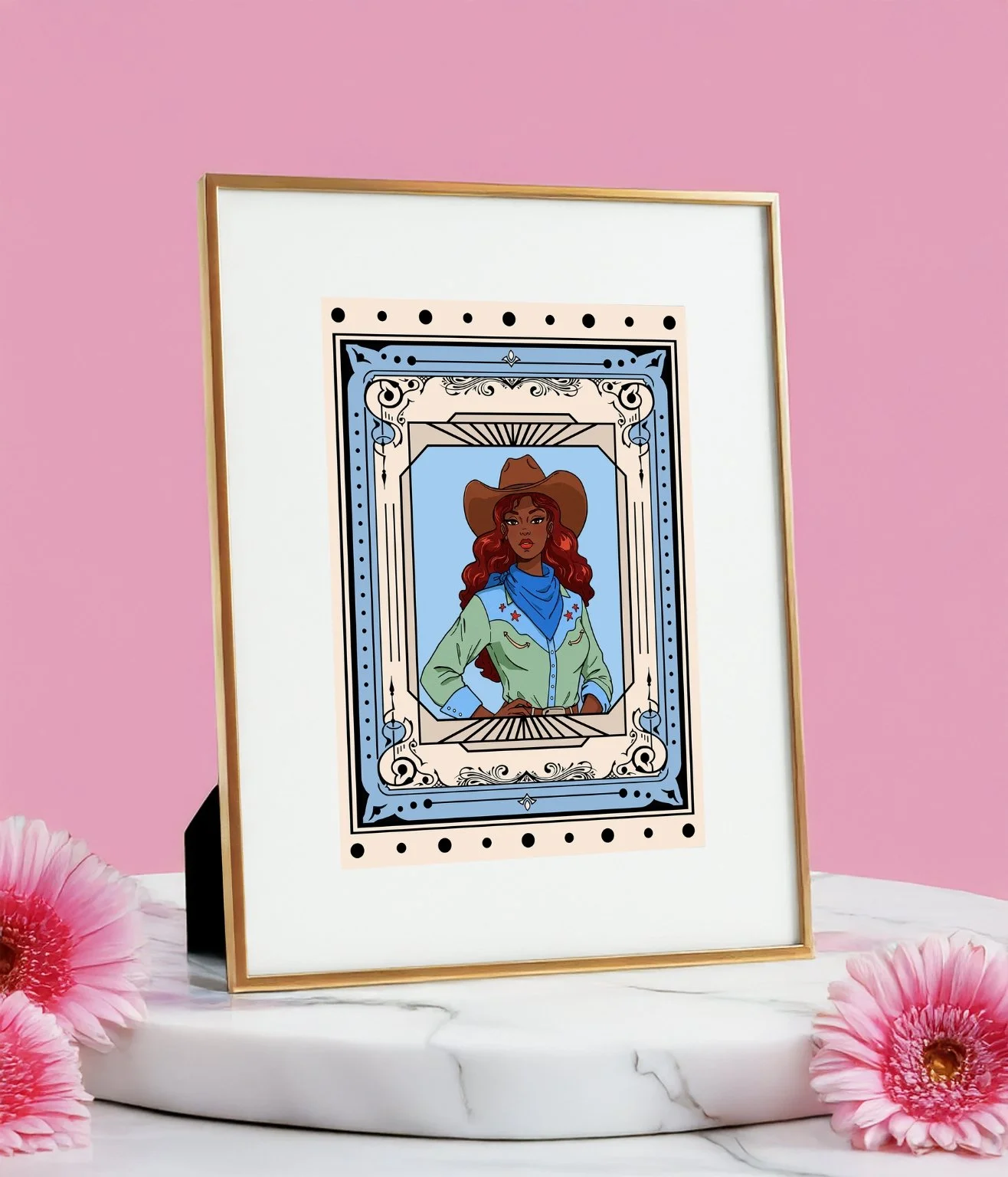 Framed cowgirl art print in gold tabletop frame with white mat