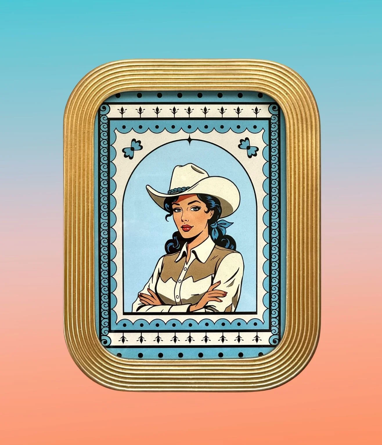 One 5x7 cowgirl art print in a mid-century modern gold frame with sculptural ridges.