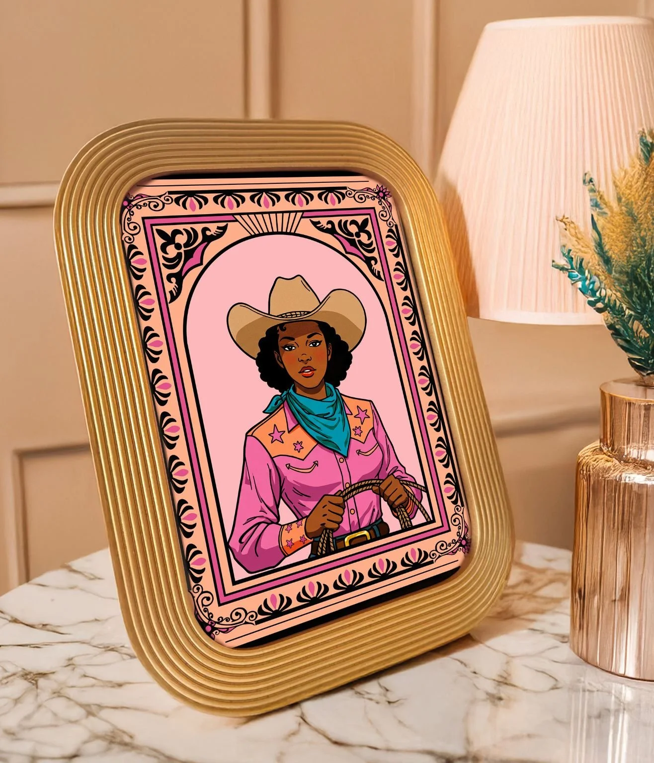 One 5x7 cowgirl art print in a mid-century modern gold frame with sculptural ridges.