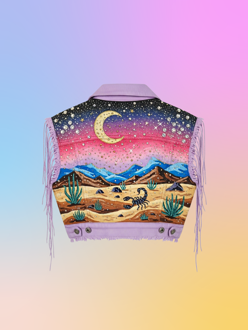 Lavender Denim Vest with hand-painted desert night scene. Western festival wear.
