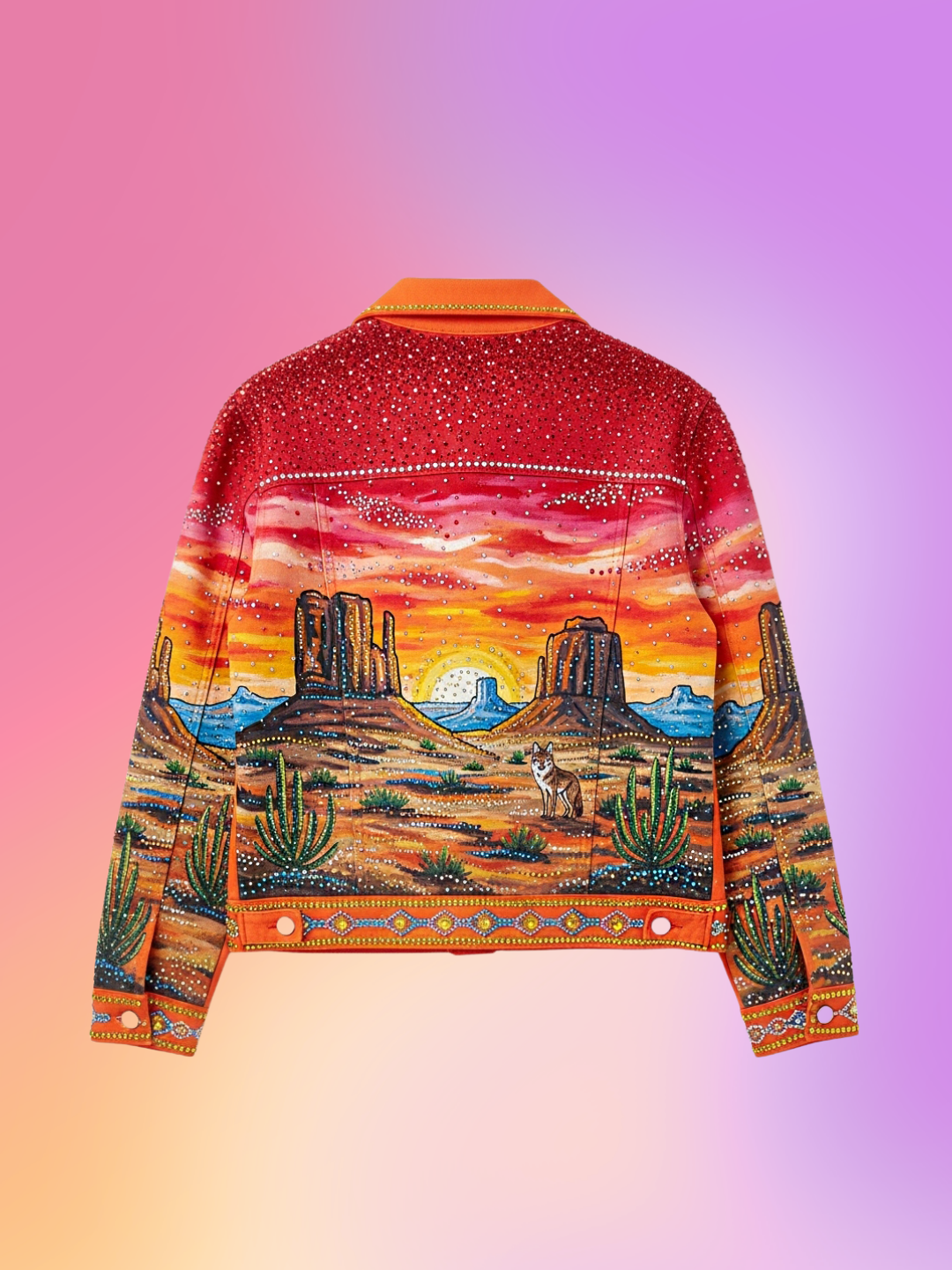 Orange denim jacket with painted desert and butte landscape, bold western statement piece.