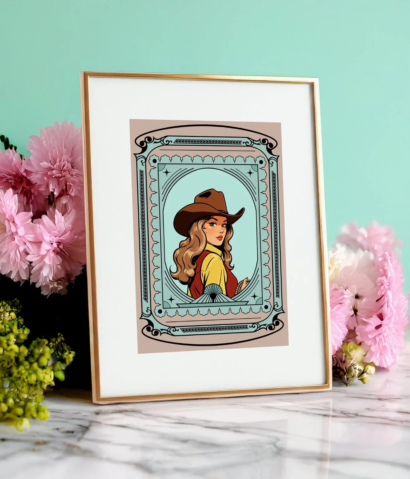 Framed cowgirl art print in gold tabletop frame with white mat