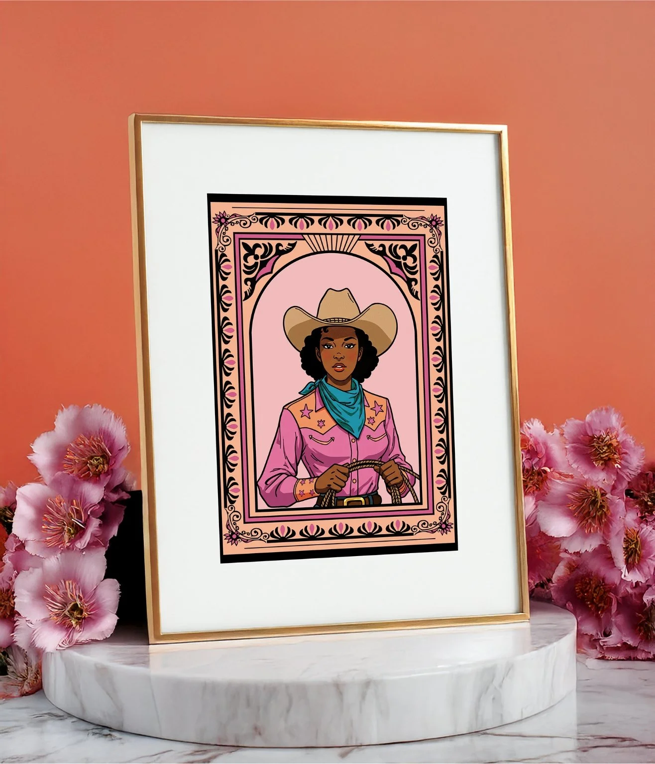Framed cowgirl art print in gold tabletop frame with white mat