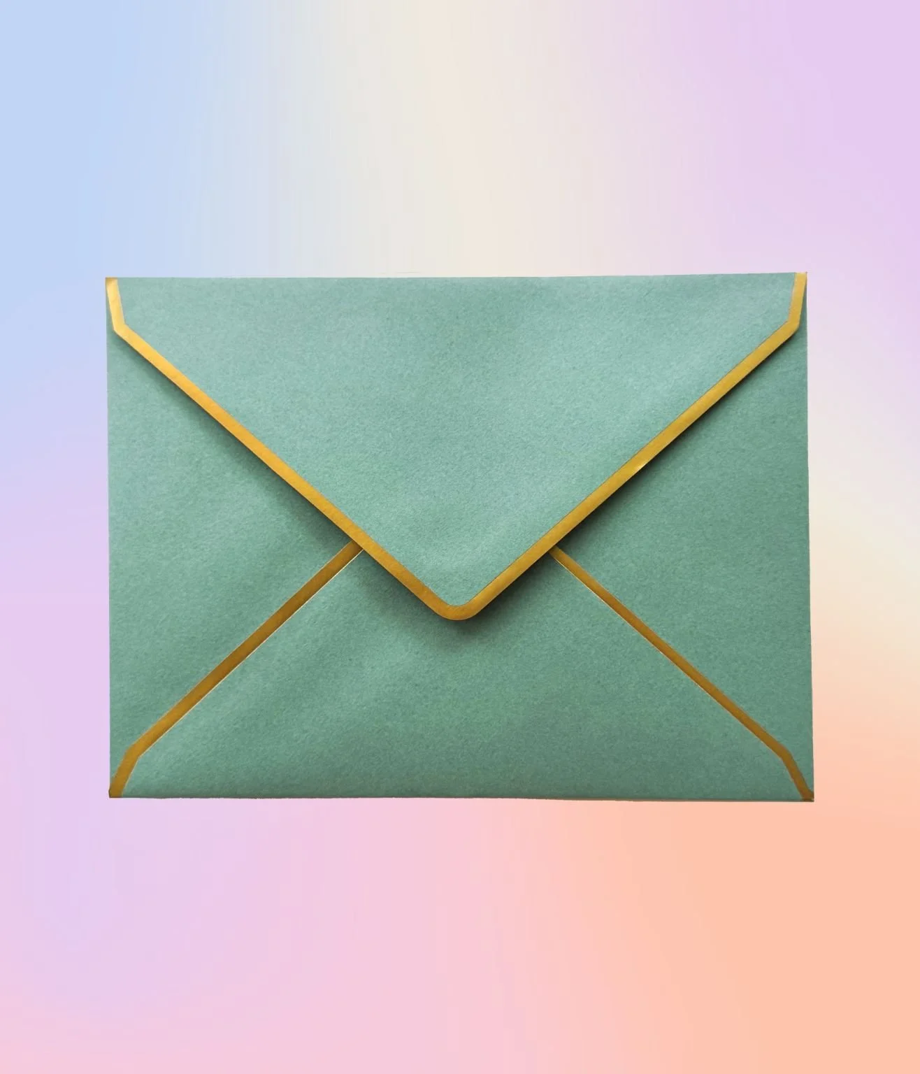 Sage green envelope with gold foil accents.