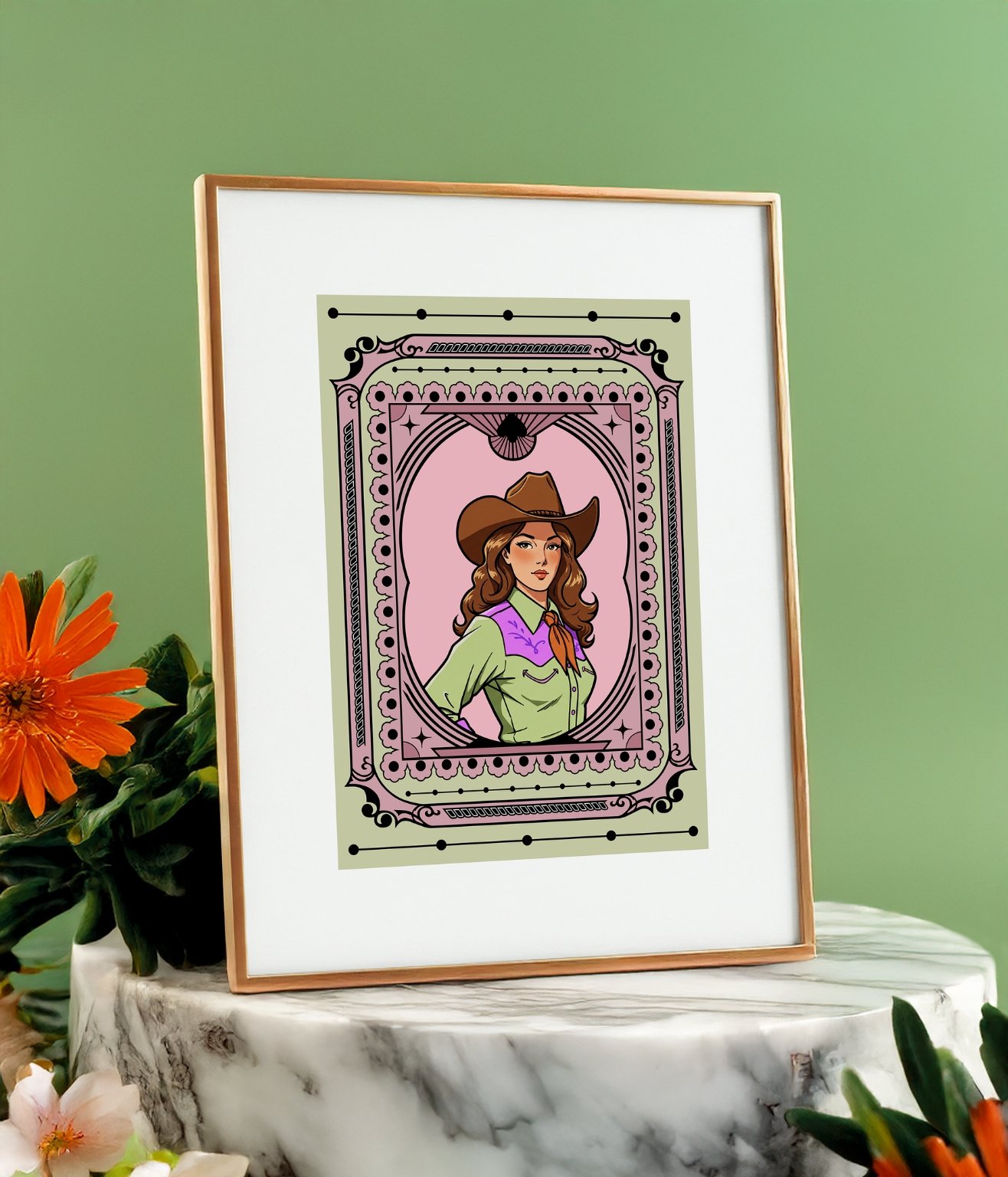 Framed cowgirl art print in gold tabletop frame with white mat