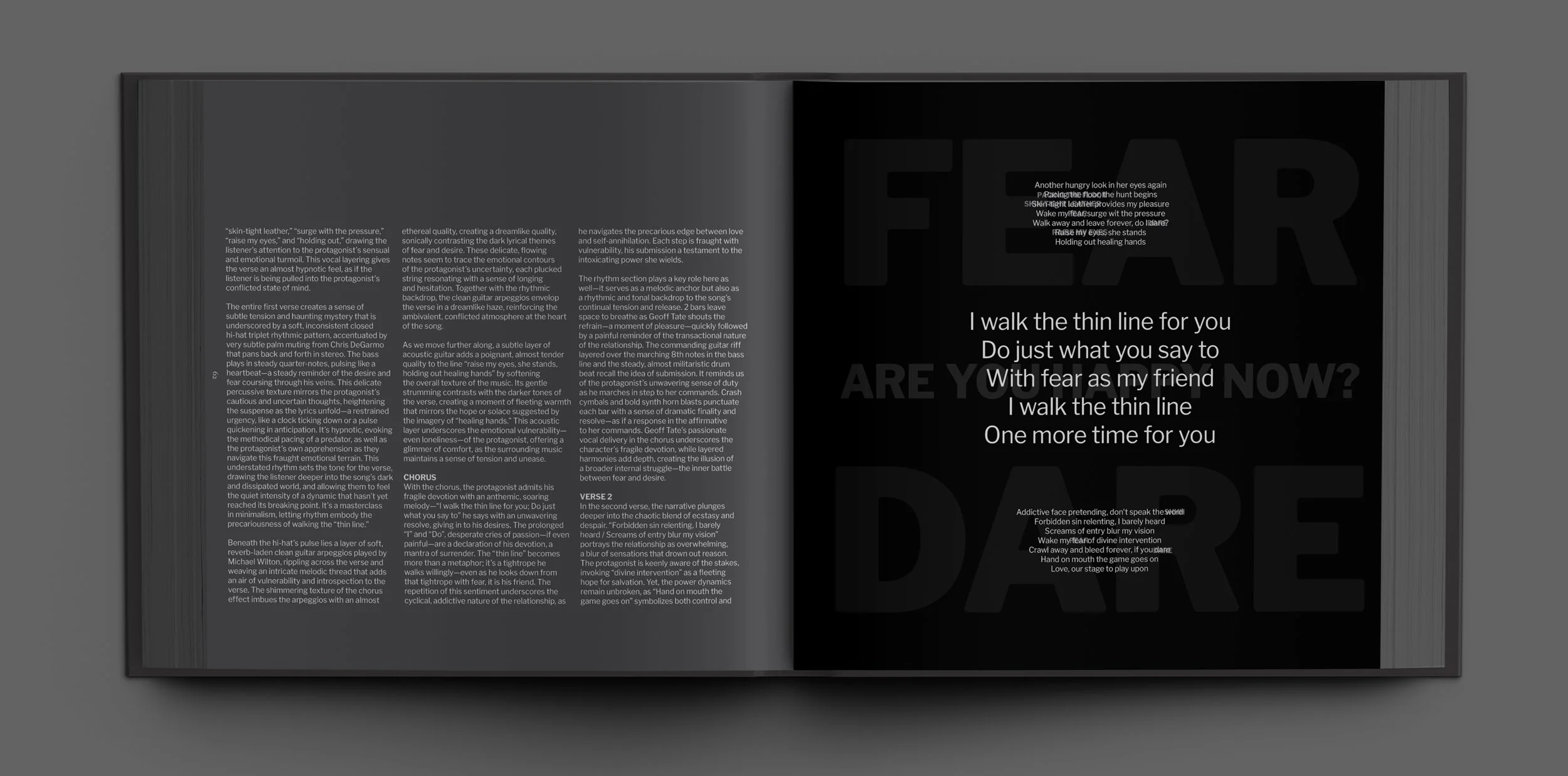 Layout spread and type specimen for "The Thin Line" by Queensrÿche