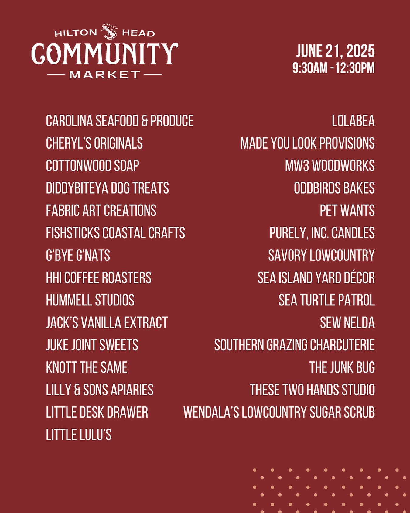 Celebrate the first official day of summer with us this Saturday!

📍Shelter Cove Community Park. Hilton Head Island, SC
⏰ 9:30-12:30

June nonprofit: @hhiseaturtle 

Vendors:
@cheryloriginals 
@cottonwoodsoap 
@diddybiteya_dog_treats 
@fabricartcrea