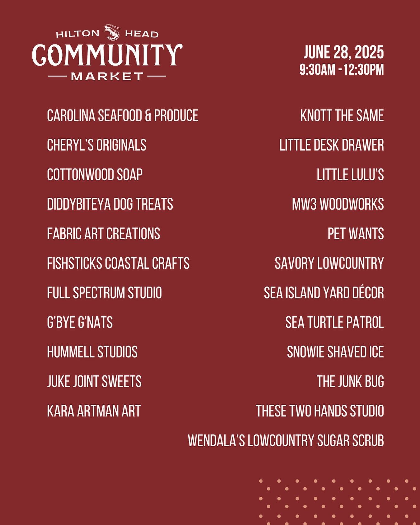 🍓 Here&rsquo;s who you&rsquo;ll find at the market this Saturday! 🛍️

We&rsquo;ve got a stacked lineup of your favorite farmers, makers, and local vendors ready to bring the best of the Lowcountry to your weekend.

Come support the local businesses