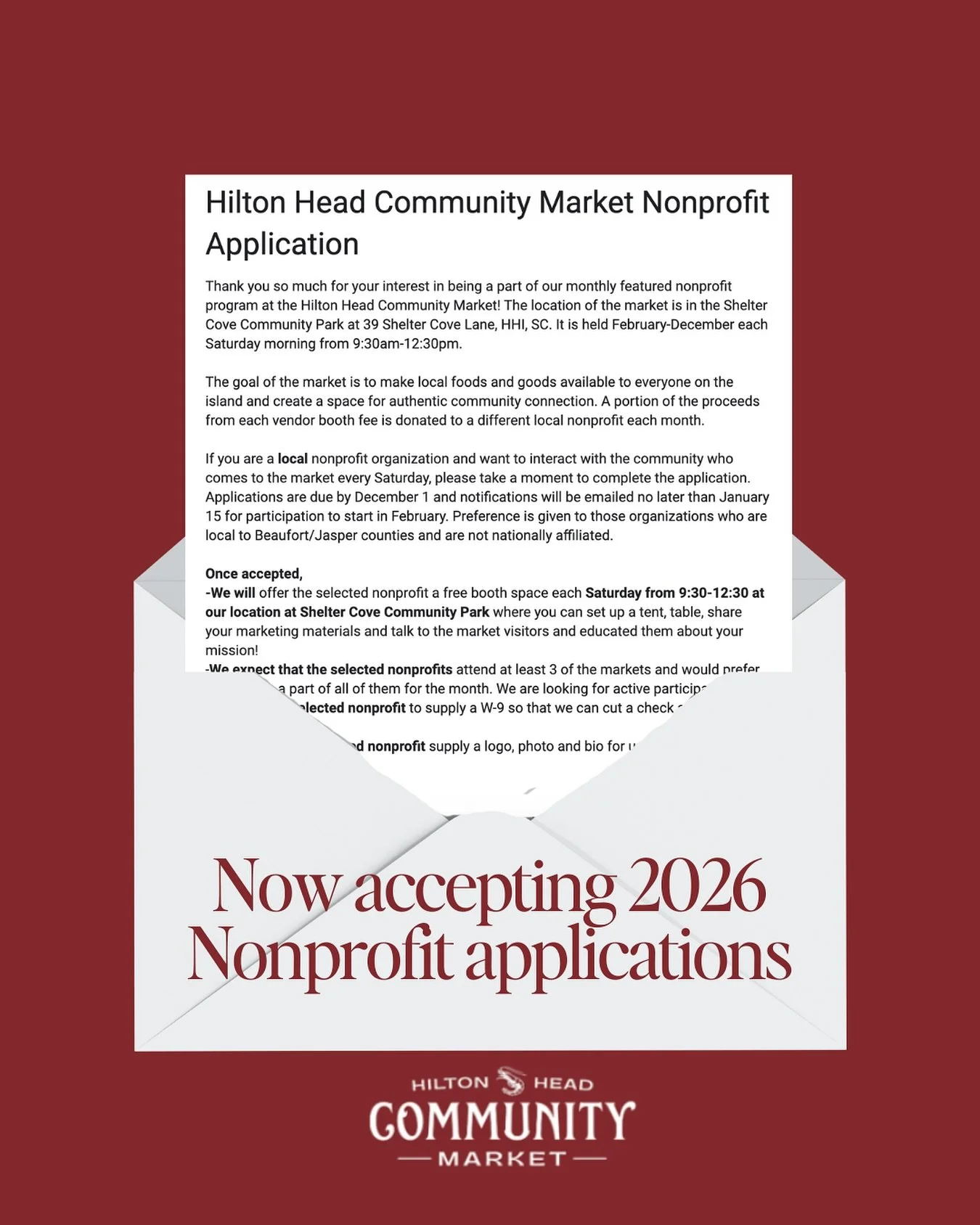 Calling all local nonprofits...the Hilton Head Community Market is now accepting applications for our 2026 Featured Nonprofit Program!

Each month, we highlight one local organization and donate 50%+ of our vendors&rsquo; booth fees to support their 