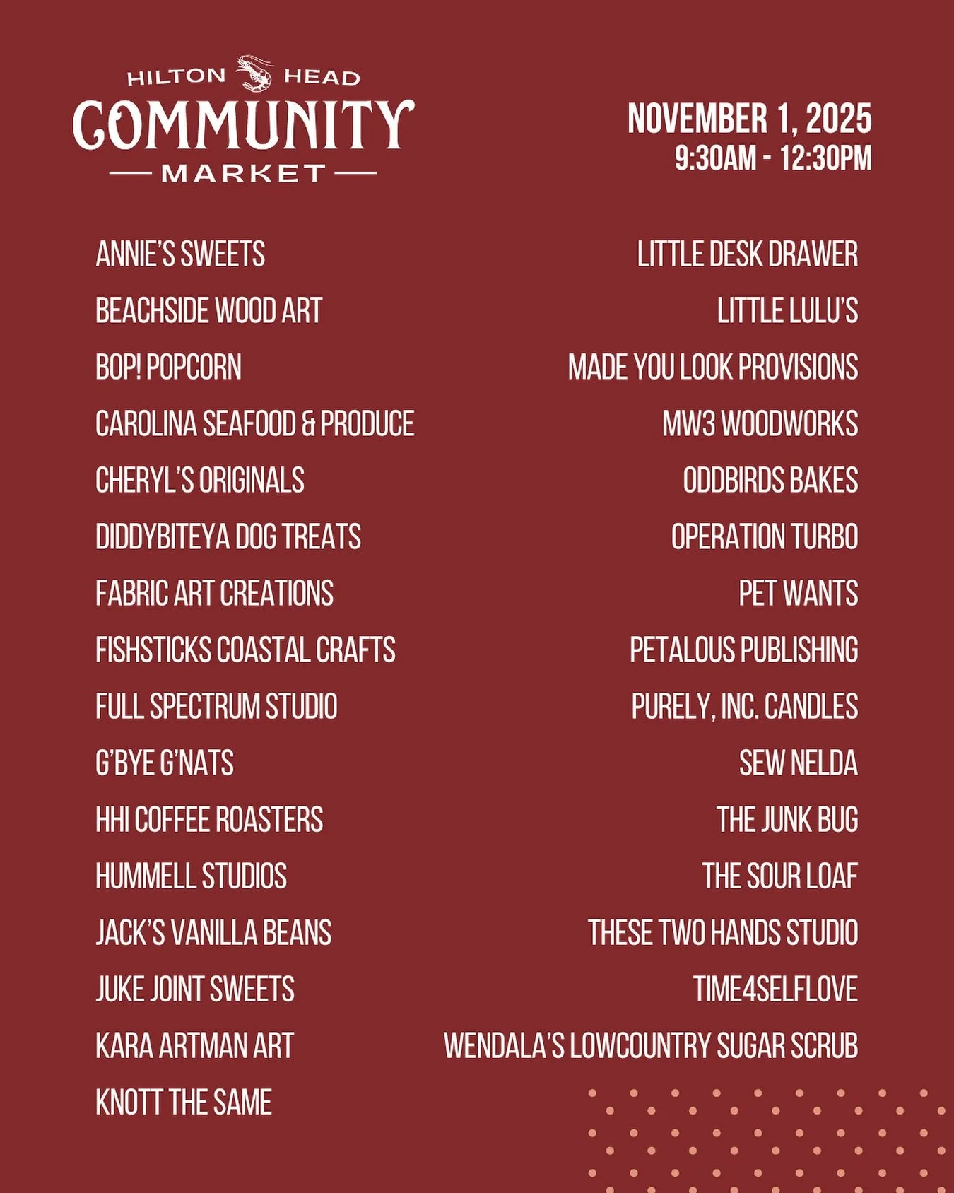 Our first market of November!
And your first chance to visit our November non profit @operationturbo 
 This Saturday, November 1st
⏰ 9:30-12:30
📍Shelter Cove Community Park
Vendors:
@anniessweets 
@beachside_woodart 
@bopsnacks 
@cheryloriginals