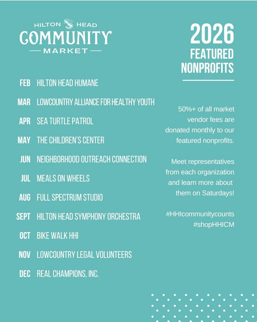 We are so excited to be supporting these nonprofits this year!

We donate 50%+ of all vendor fees collected each month to our featured nonprofits. 

2026 nonprofts:
@hiltonheadhumane 
@lcahealthyyouth 
@hhiseaturtle 
@thechildrenscentersc 
Neighborho