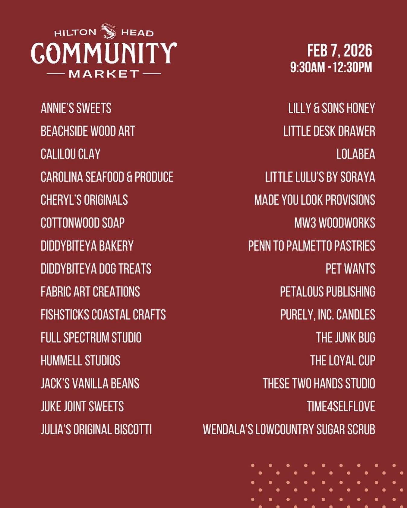 Don&rsquo;t miss our first market of 2026!

🗓️ February 7th, 2026
⏰ 9:30-12:30
📍Shelter Cove Community Park, HHI

Vendors:
@anniessweets 
@beachside_woodart 
@calilouclay 
@cheryloriginals 
@cottonwoodsoap 
@diddybiteya_dog_treats 
@diddybiteya_bak