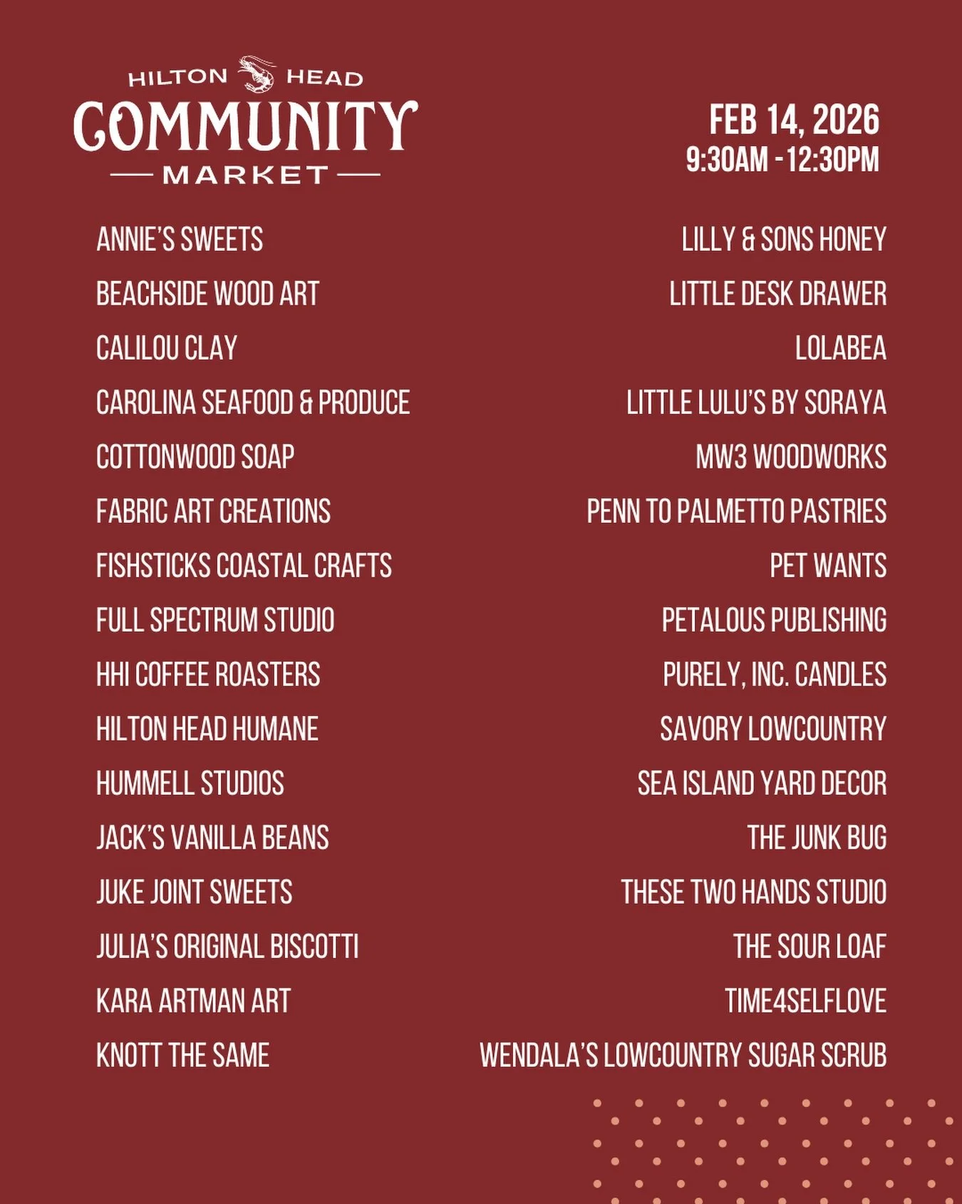We&rsquo;ve got the perfect Valentine&rsquo;s Day plans for you&hellip;
 A morning at the Hilton Head Community Market!

🗓️ February 14th, 2026
⏰ 9:30-12:30
📍Shelter Cove Community Park, HHI

Vendors:
@anniessweets 
@beachside_woodart 
@calilouclay