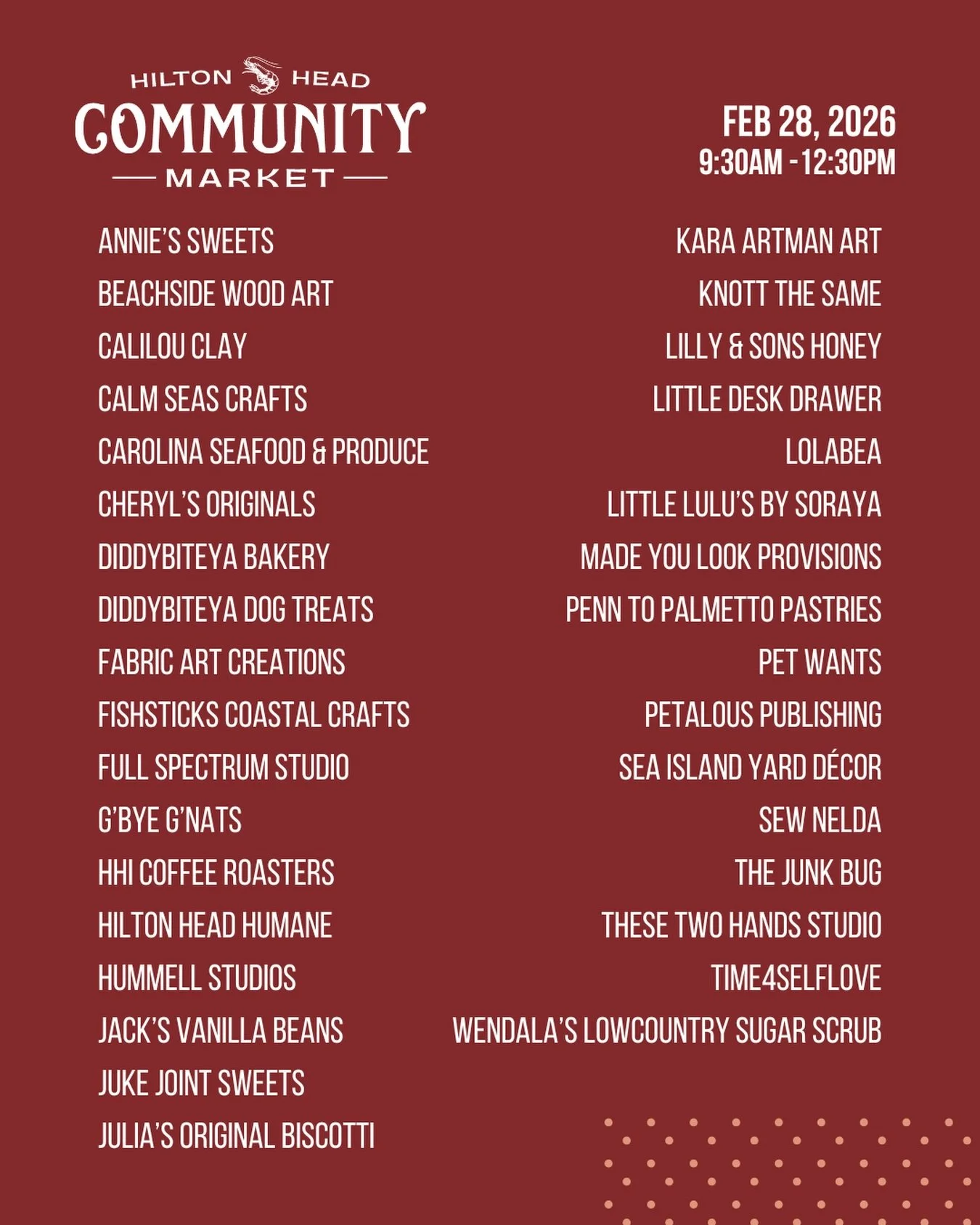 Don&rsquo;t miss the last Hilton Head Community Market of February!

🗓️ This Saturday, February 28
⏰ 9:30-12:30
📍Shelter Cove Community Park

Vendors!
@anniessweets 
@beachside_woodart 
@calilouclay 
@calmseascrafts 
@cheryloriginals 
@diddybiteya_