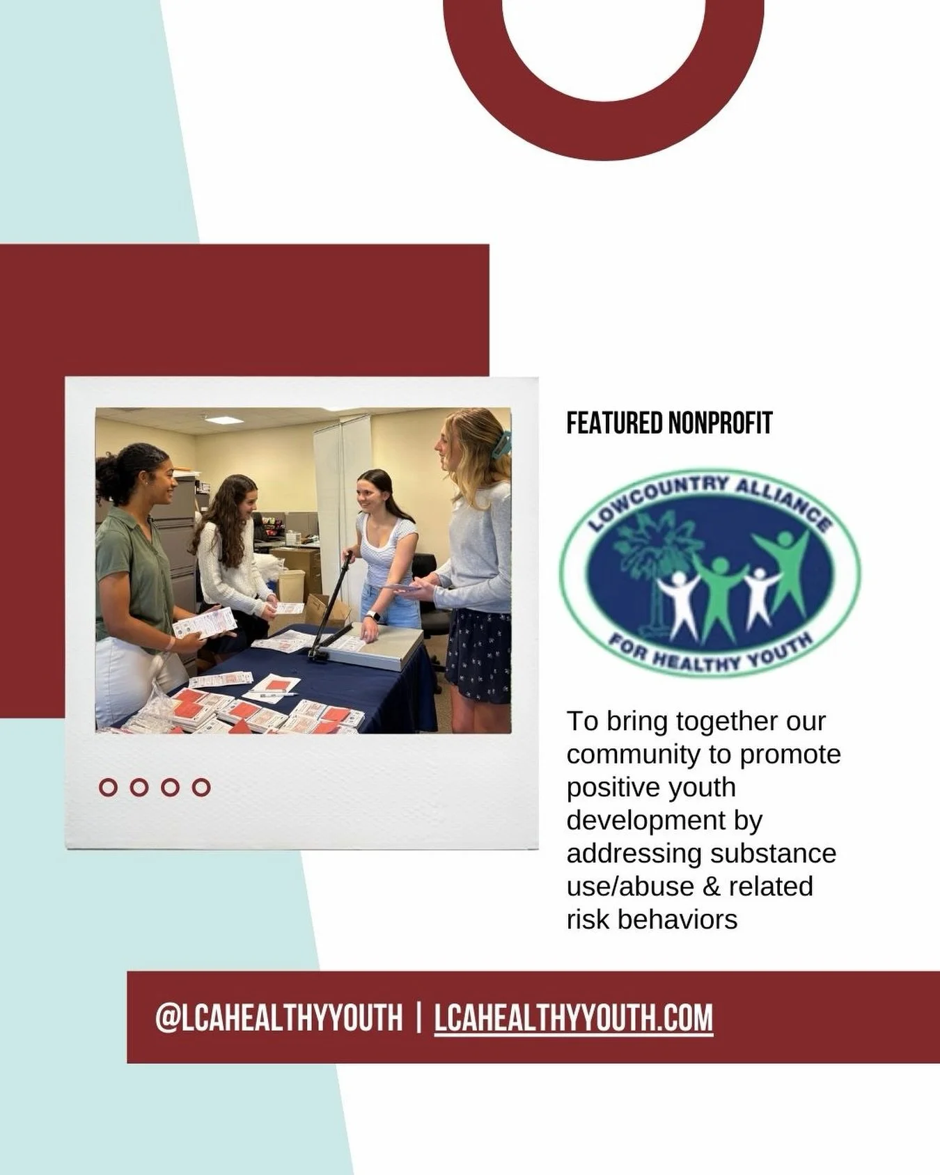 Our March Featured Nonprofit: Lowcountry Alliance for Healthy Youth

This month, we are honored to feature @lcahealthyyouth at our Market! Their mission is to bring together all sectors of our community to promote positive choices and support healthy