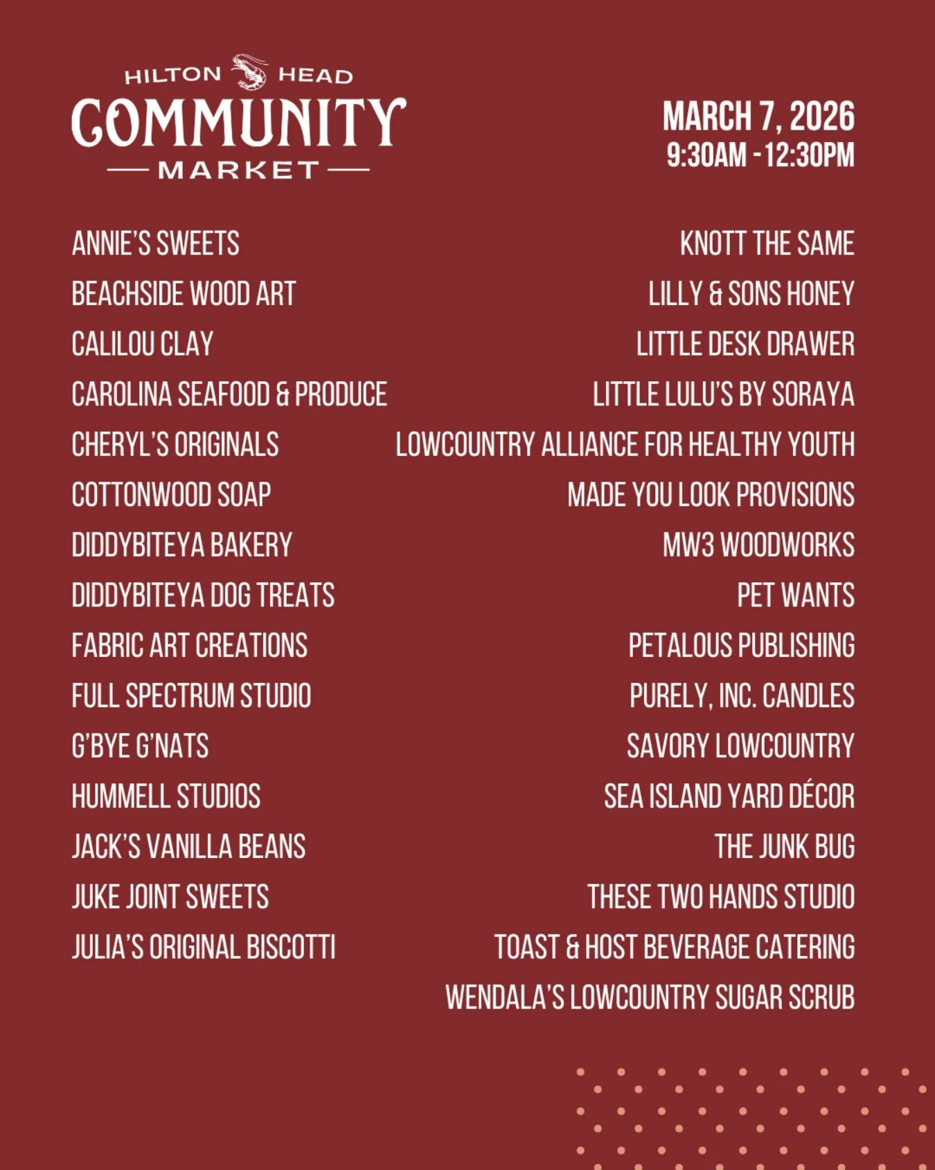 Don&rsquo;t miss the first Hilton Head Community Market of March!

🗓️ This Saturday, March 7
⏰ 9:30-12:30
📍Shelter Cove Community Park

Vendors!
@anniessweets 
@beachside_woodart 
@calilouclay 
@cheryloriginals 
@cottonwoodsoap 
@diddybiteya_dog_tr