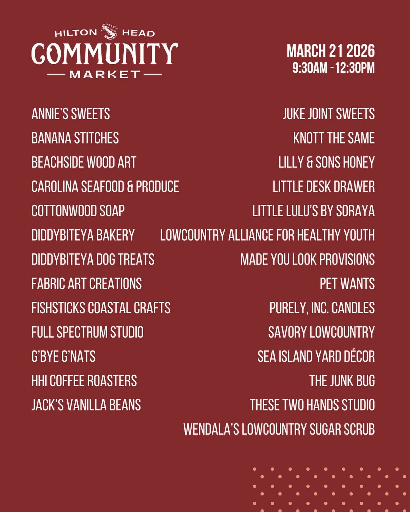 Don&rsquo;t miss the Hilton Head Community Market this Saturday!

🗓️ This Saturday, March 21
⏰ 9:30-12:30
📍Shelter Cove Community Park

Vendors!
@anniessweets 
@bananastitchesco 
@beachside_woodart 
@cottonwoodsoap 
@diddybiteya_dog_treats @diddybi