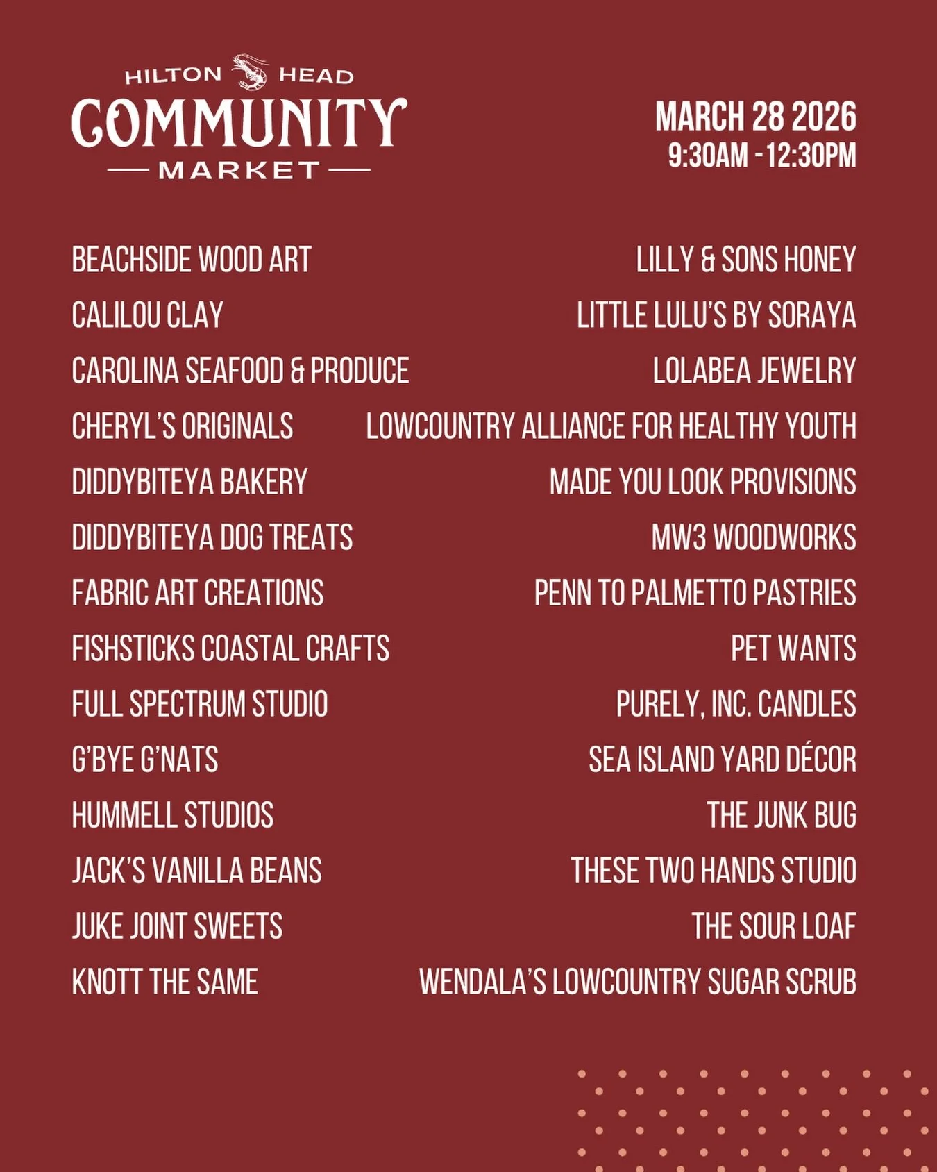 Don&rsquo;t miss the Hilton Head Community Market this Saturday!

🗓️ This Saturday, March 21
⏰ 9:30-12:30
📍Shelter Cove Community Park

Vendors!
@beachside_woodart 
@calilouclay 
@cheryloriginals 
@diddybiteya_dog_treats @diddybiteya_bakery 
@fabri