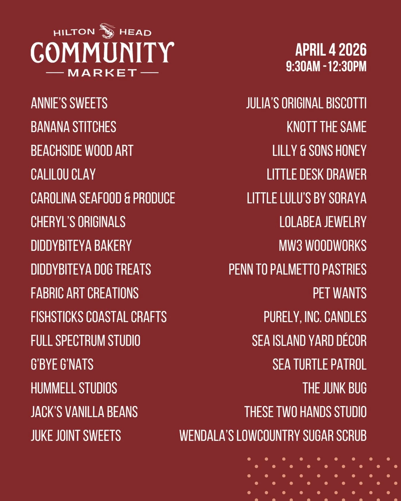 Don&rsquo;t miss the Hilton Head Community Market this Saturday!

🗓️ This Saturday, April 4
⏰ 9:30-12:30
📍Shelter Cove Community Park

Vendors!
@anniessweets 
@bananastitchesco 
@beachside_woodart 
@calilouclay 
@cheryloriginals 
@diddybiteya_dog_t