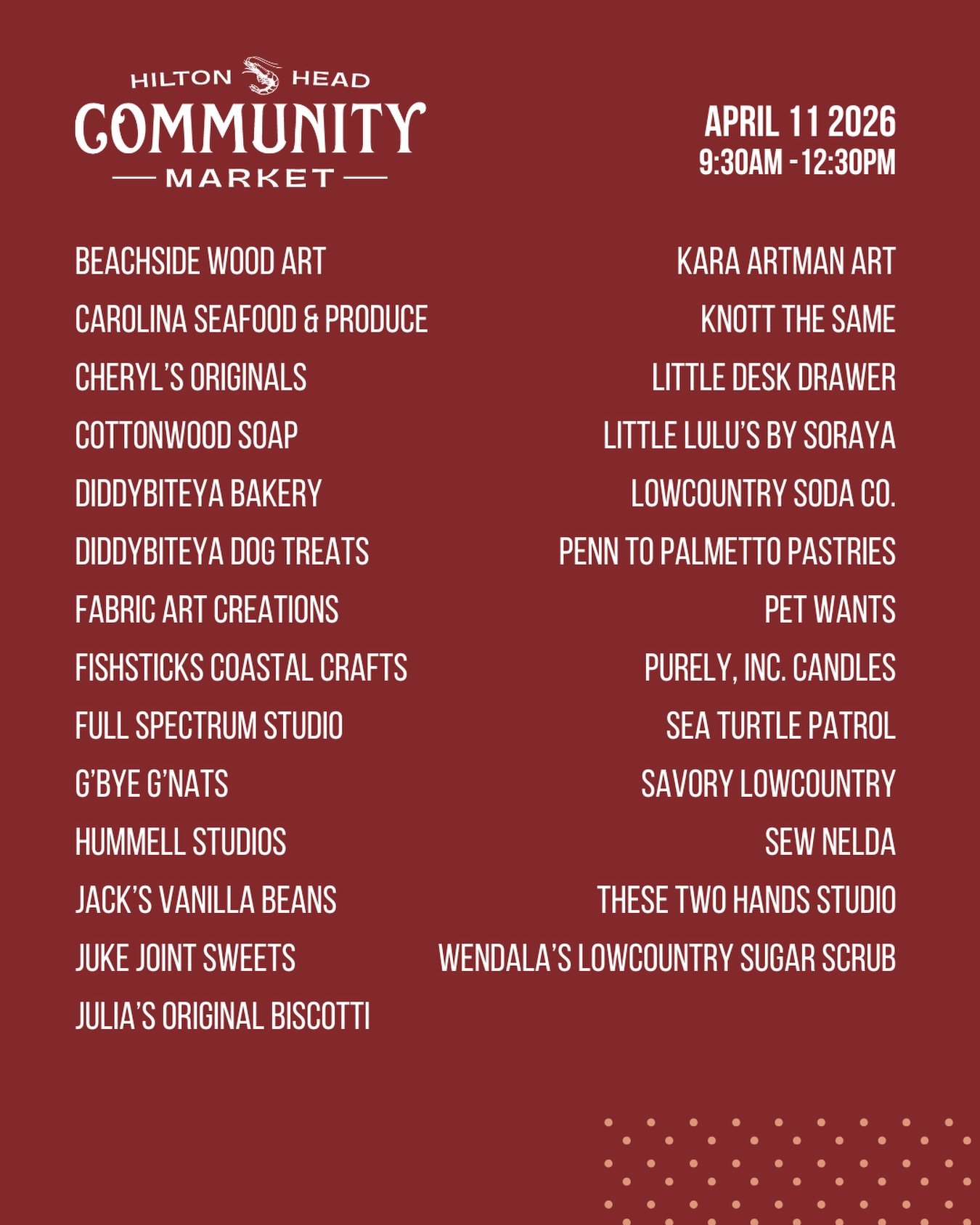 Don&rsquo;t miss the Hilton Head Community Market this Saturday!

🗓️ This Saturday, April 11
⏰ 9:30-12:30
📍Shelter Cove Community Park

Vendors!
@beachside_woodart 
@cheryloriginals 
@cottonwoodsoap 
@diddybiteya_dog_treats @diddybiteya_bakery 
@fa
