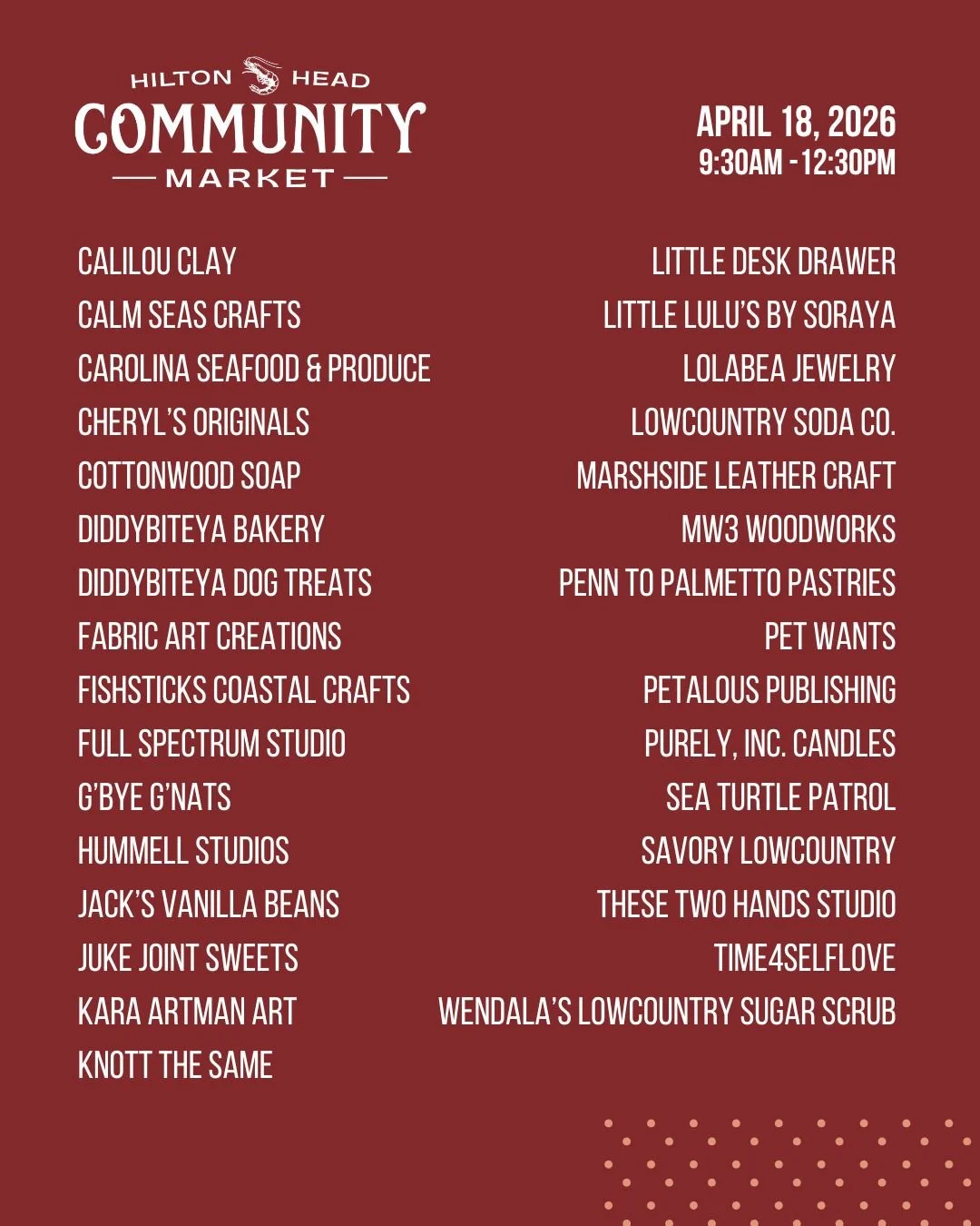 Don&rsquo;t miss the Hilton Head Community Market this Saturday!

🗓️ Saturday, April 18
⏰ 9:30-12:30
📍Shelter Cove Community Park

Vendors:
@calilouclay
@calmseascrafts
@cheryloriginals
@cottonwoodsoap
@diddybiteya_dog_treats 
@diddybiteya_bakery
@