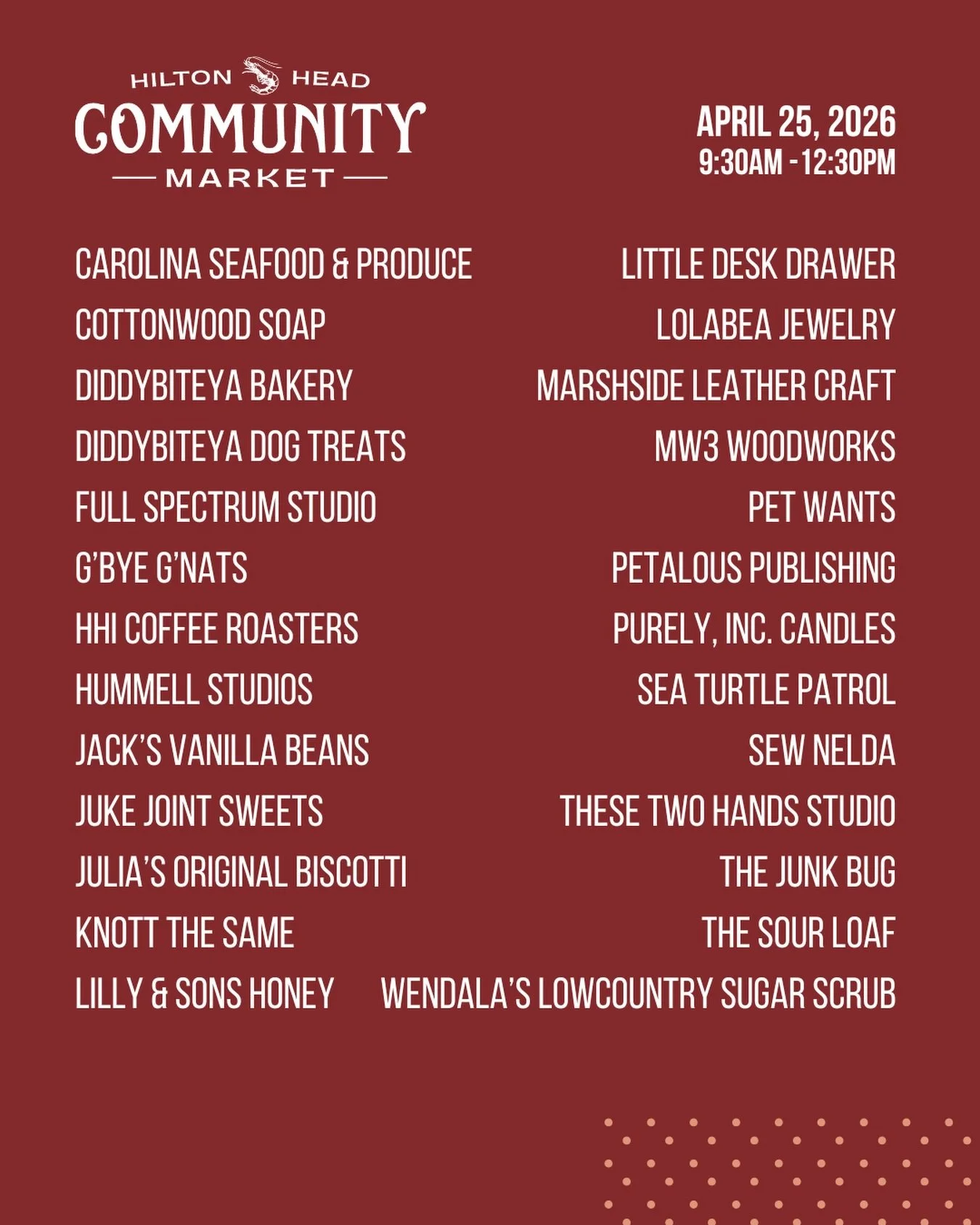 Don&rsquo;t miss the Hilton Head Community Market this Saturday!

🗓️ Saturday, April 25
⏰ 9:30-12:30
📍Shelter Cove Community Park

Vendors:
@cottonwoodsoap 
@diddybiteya_dog_treats @diddybiteya_bakery 
@fullspectrumstudioart 
@gbye.gnats 
@hiltonhe