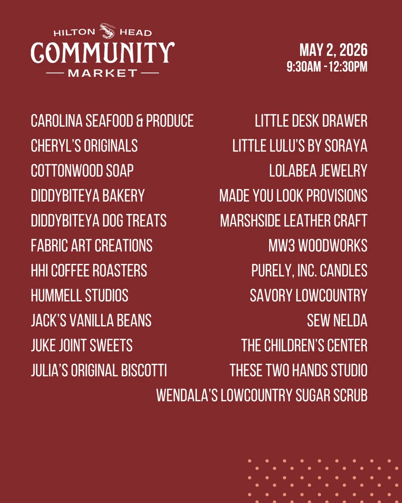 Don&rsquo;t miss the Hilton Head Community Market this Saturday!

🗓️ Saturday, May 2
⏰ 9:30-12:30
📍Shelter Cove Community Park

Vendors:
@cheryloriginals 
@cottonwoodsoap 
@diddybiteya_dog_treats @diddybiteya_bakery 
@fabricartcreations 
@hiltonhea