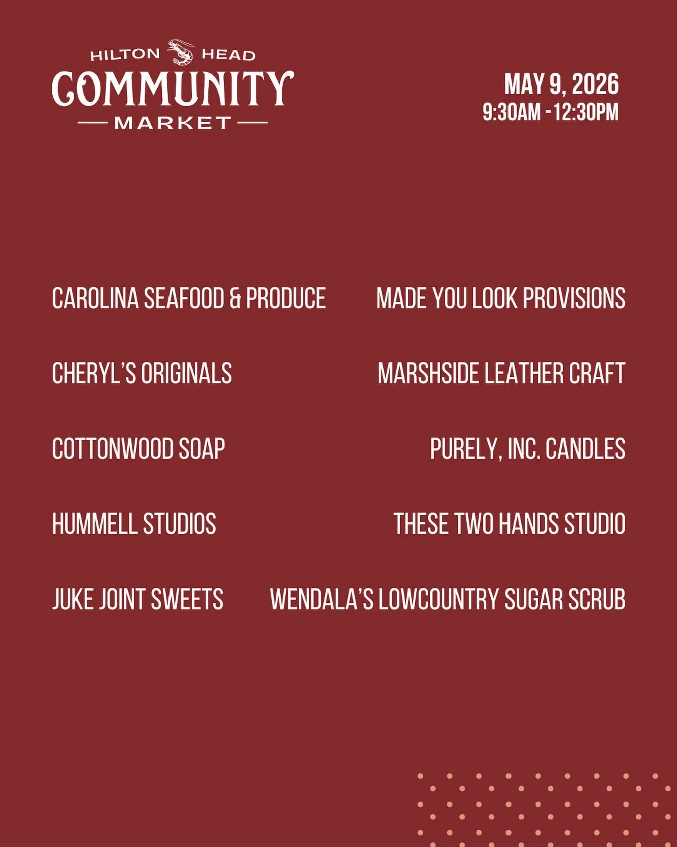 Don&rsquo;t miss the Hilton Head Community Market this Saturday!

🗓️ Saturday, May 9
⏰ 9:30-12:30
📍Shelter Cove Community Park

Vendors:
@cheryloriginals 
@cottonwoodsoap 
@hummellstudios 
@jukejointsweets 
@mylprovisions 
@marshsideleathercraft 
@
