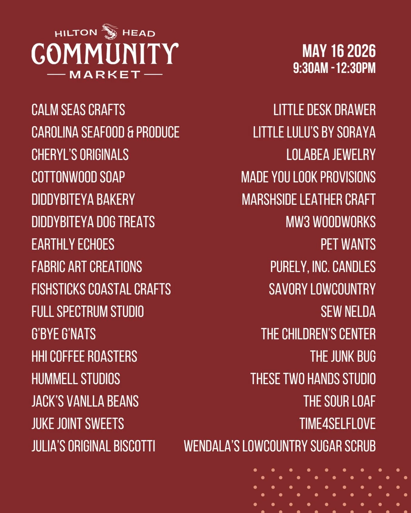 Don&rsquo;t miss the Hilton Head Community Market this Saturday!

🗓️ Saturday, May 16
⏰ 9:30-12:30
📍Shelter Cove Community Park

Vendors:
@calmseascrafts 
@cheryloriginals 
@cottonwoodsoap 
@diddybiteya_dog_treats 
@earthlyechoesbykelseybeth 
@fish