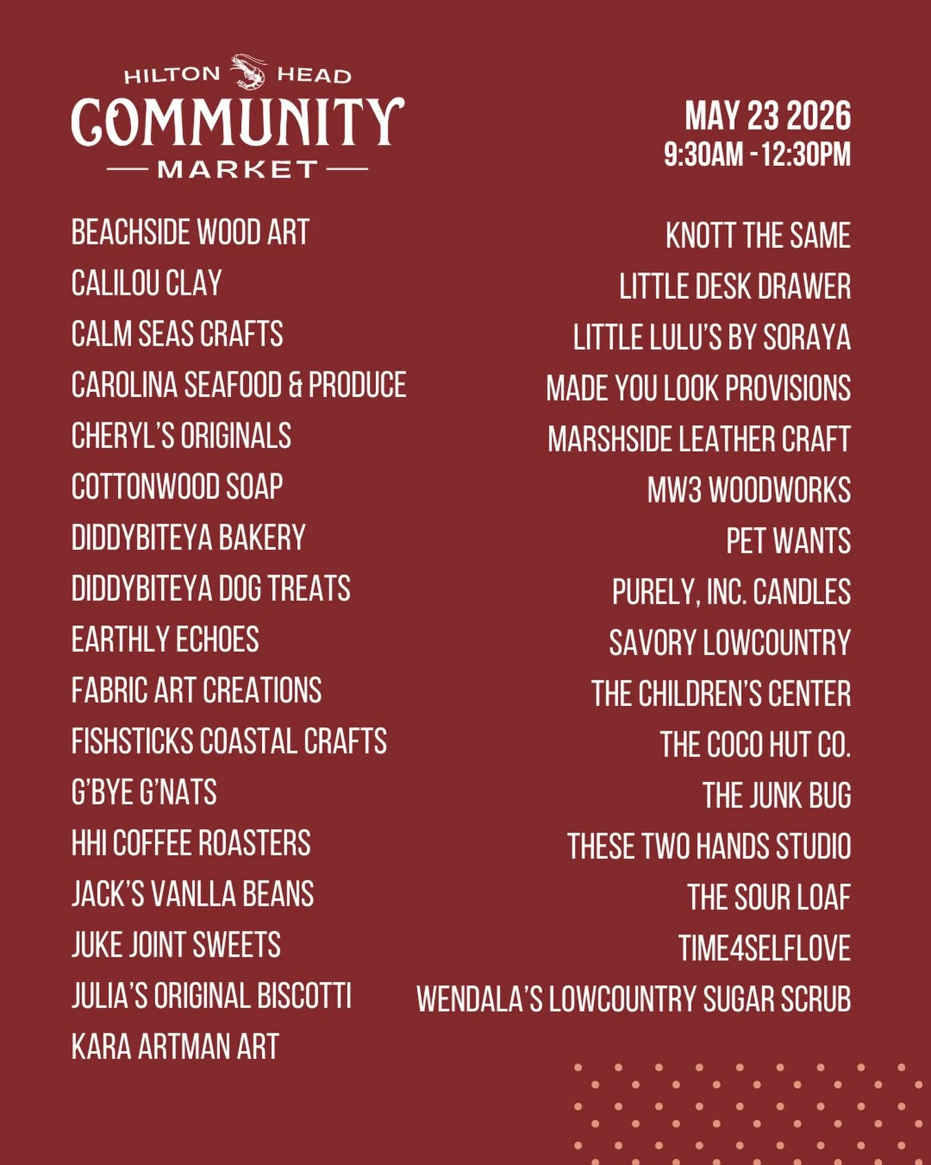 Don&rsquo;t miss the Hilton Head Community Market this Saturday!

🗓️ Saturday, May 23
⏰ 9:30-12:30
📍Shelter Cove Community Park

Vendors:
@beachside_woodart 
@calilouclay 
@calmseascrafts 
@cheryloriginals 
@cottonwoodsoap 
@diddybiteya_dog_treats 