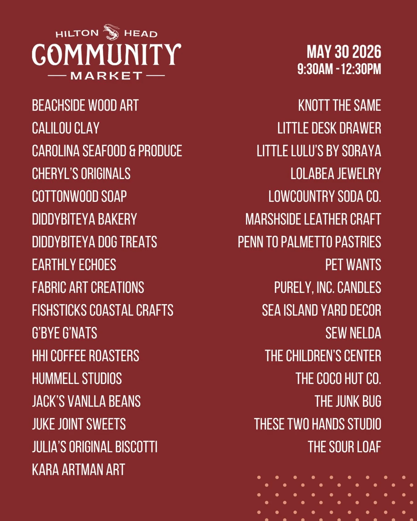 Don&rsquo;t miss the Hilton Head Community Market this Saturday!

🗓️ Saturday, May 30
⏰ 9:30-12:30
📍Shelter Cove Community Park

Vendors:
@beachside_woodart 
@calilouclay 
@cheryloriginals 
@cottonwoodsoap 
@diddybiteya_dog_treats 
@earthlyechoesby