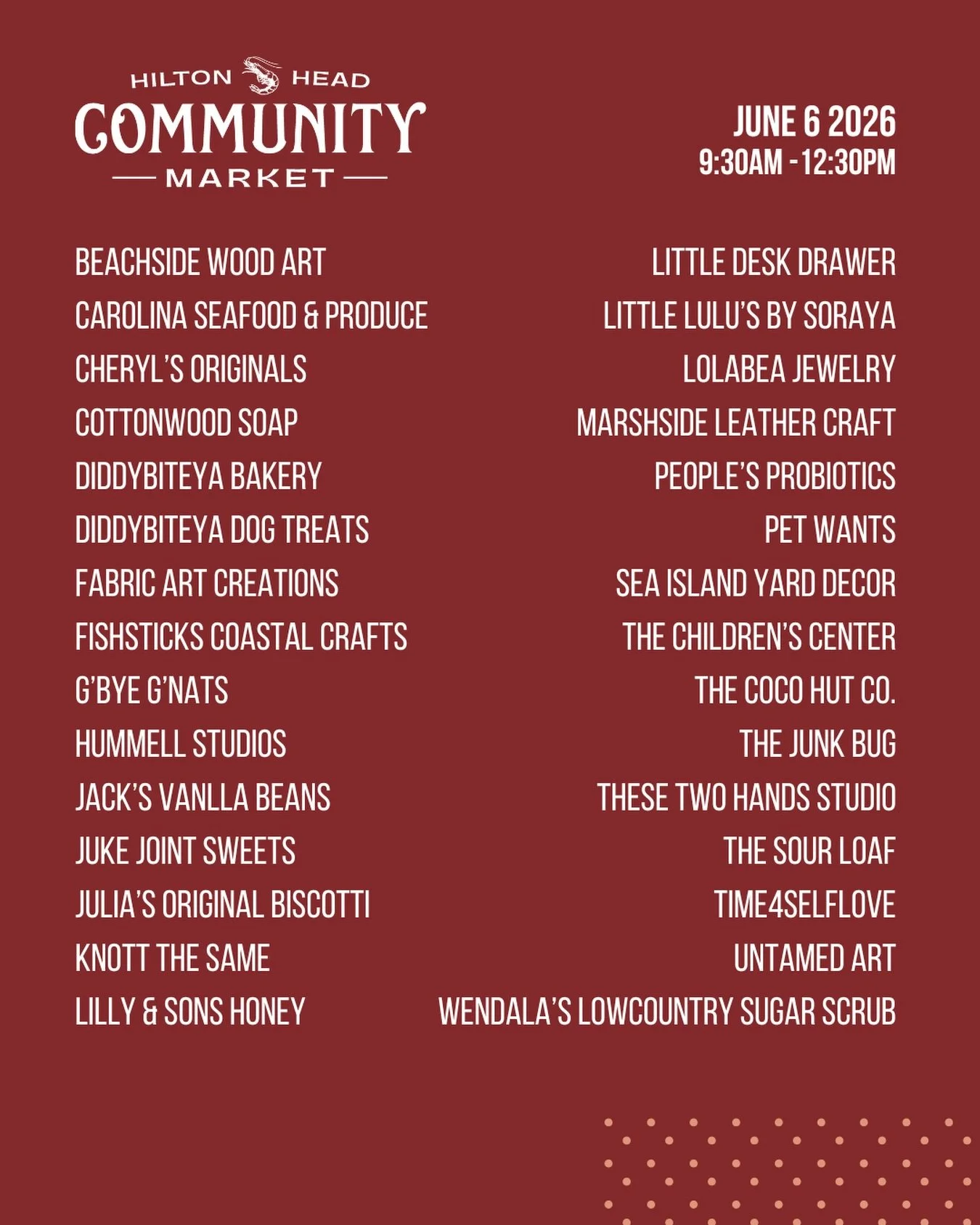 Don&rsquo;t miss the Hilton Head Community Market this Saturday!

🗓️ Saturday, June 6
⏰ 9:30-12:30
📍Shelter Cove Community Park

Vendors:
@beachside_woodart 
@cheryloriginals 
@cottonwoodsoap 
@diddybiteya_dog_treats 
@fabricartcreations 
@fishstic
