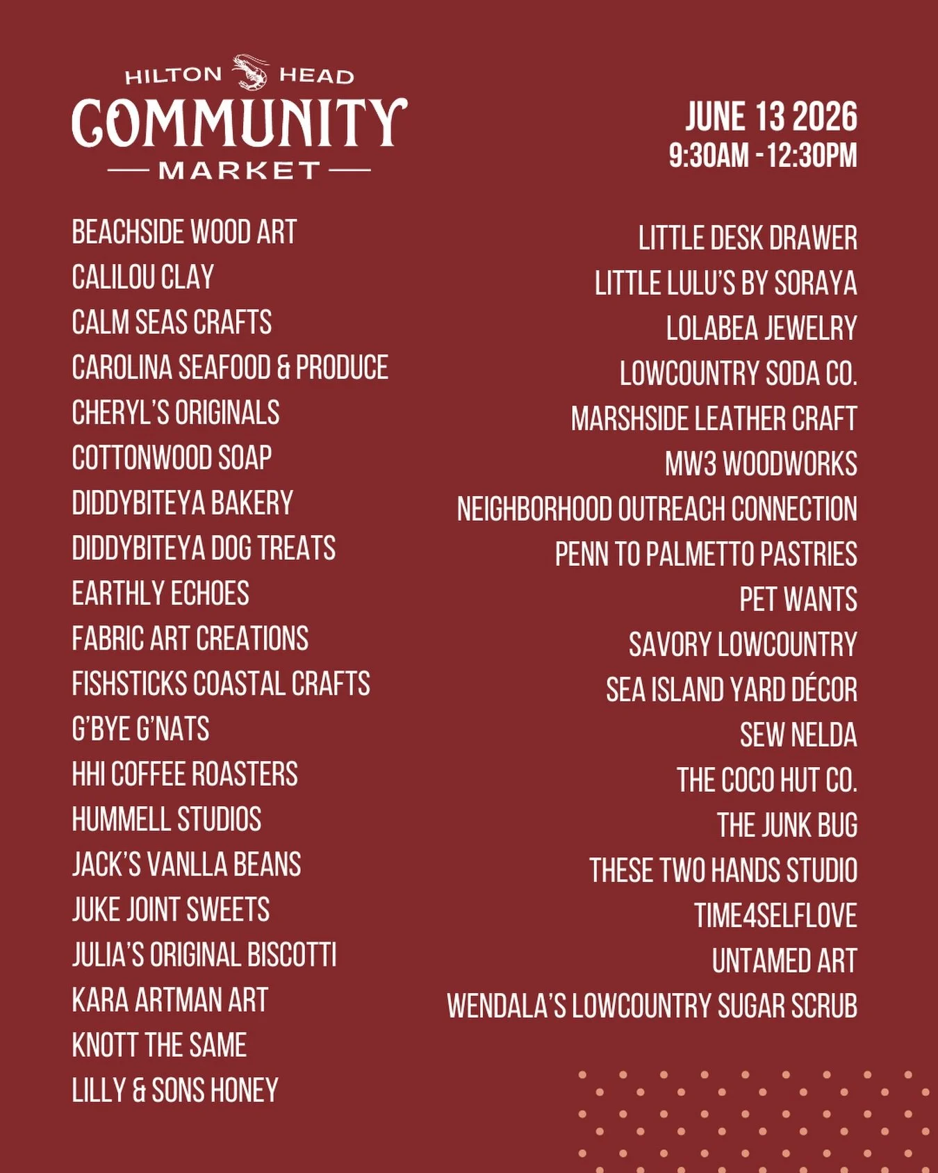 Don&rsquo;t miss the Hilton Head Community Market this Saturday!

🗓️ Saturday, June 13
⏰ 9:30-12:30
📍Shelter Cove Community Park

Vendors:
@beachside_woodart 
@calilouclay 
@calmseascrafts 
@cheryloriginals 
@cottonwoodsoap 
@diddybiteya_dog_treats