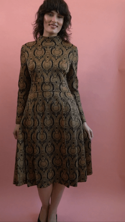 1960s Black and Gold Wool Brocade Dress | M