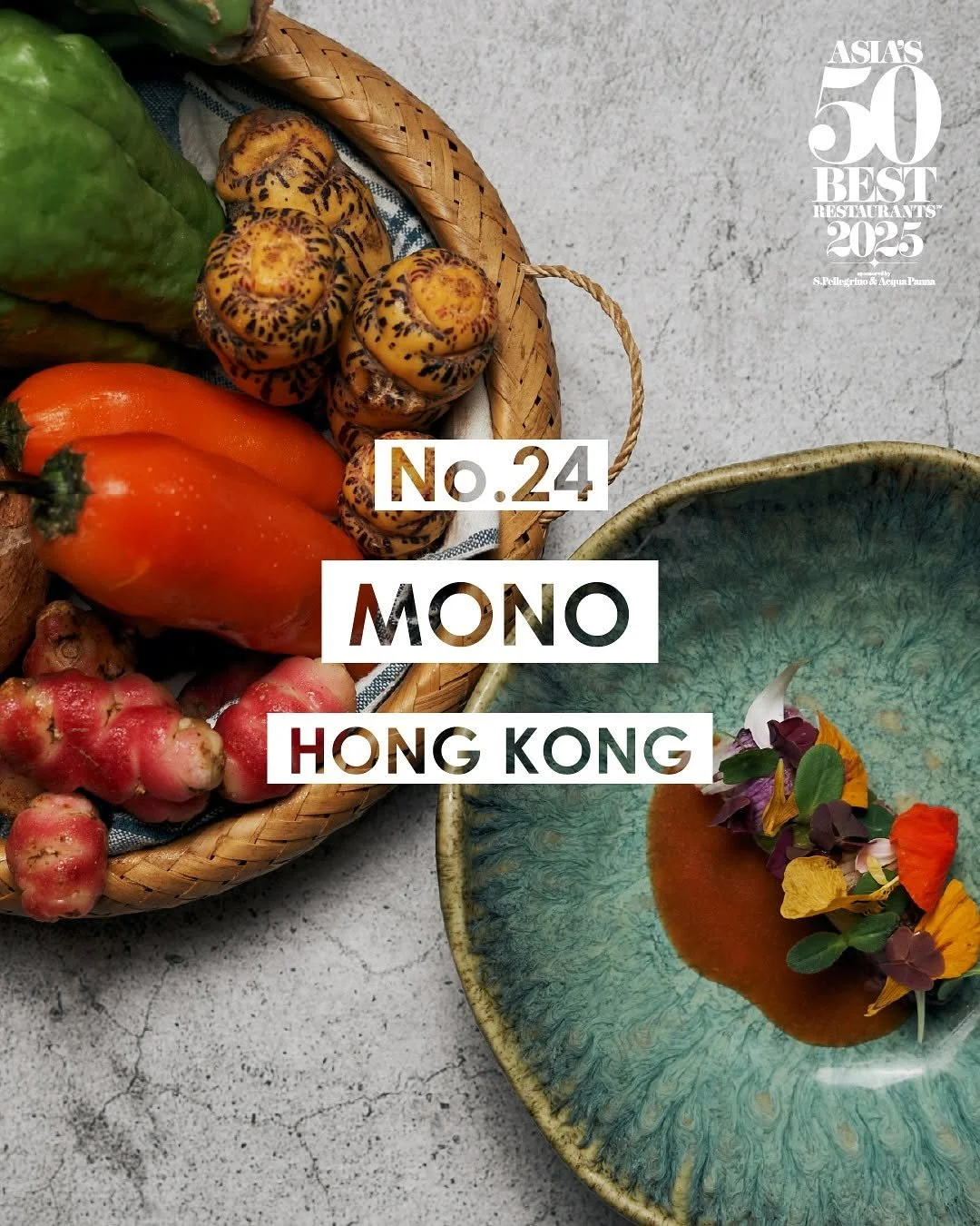 MONO team celebrating onstage at Asia's 50 Best Restaurants 2025 gala, holding No. 24 trophy