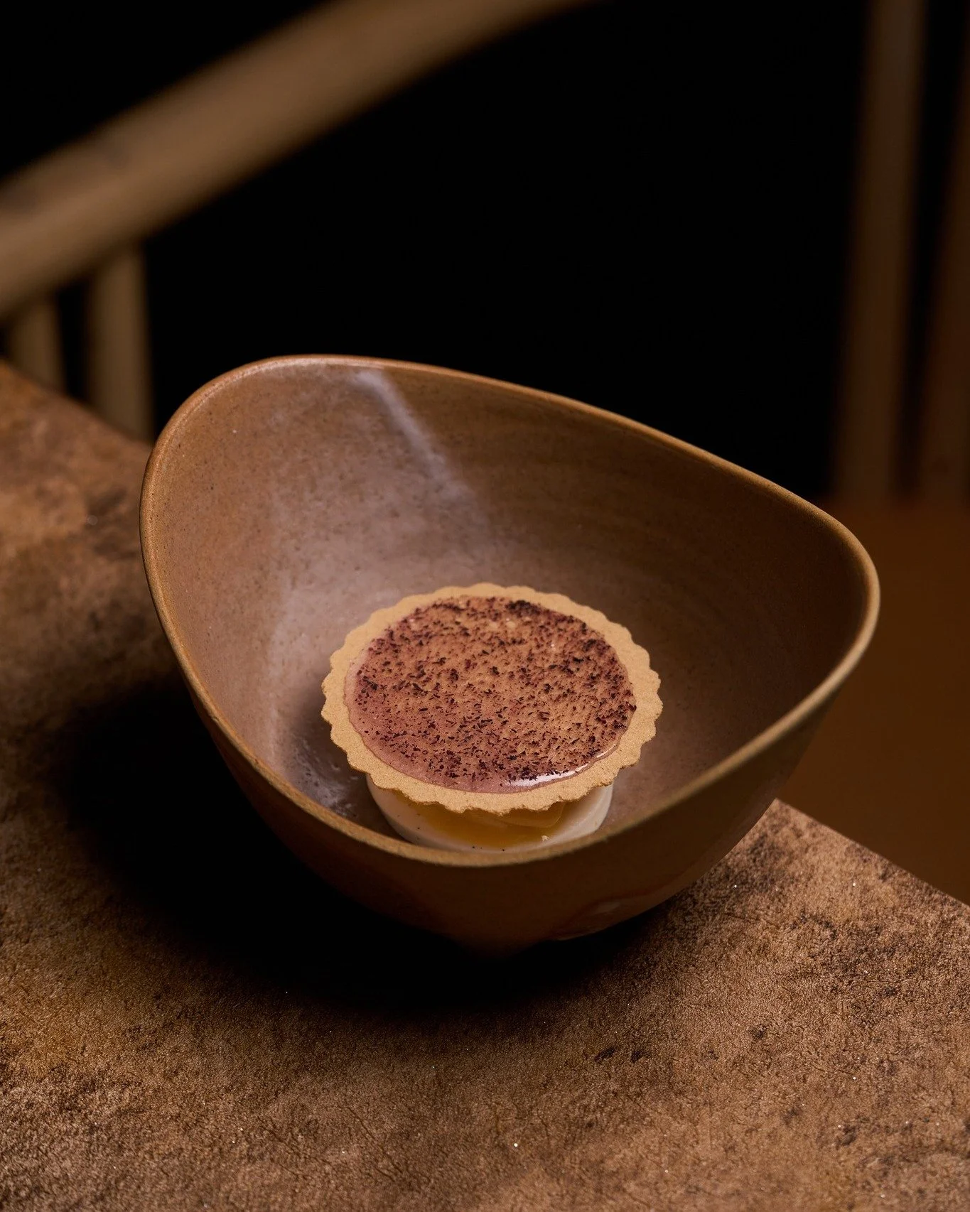 Banana passion fruit takes center stage here, expressed as a sorbet and sat upon a creamy vanilla pannacotta - at its core a salsa of nixtamalised kiwi and nopal cactus. The dish is finished with a crisp Colombian oblea and hibiscus opaline for that 